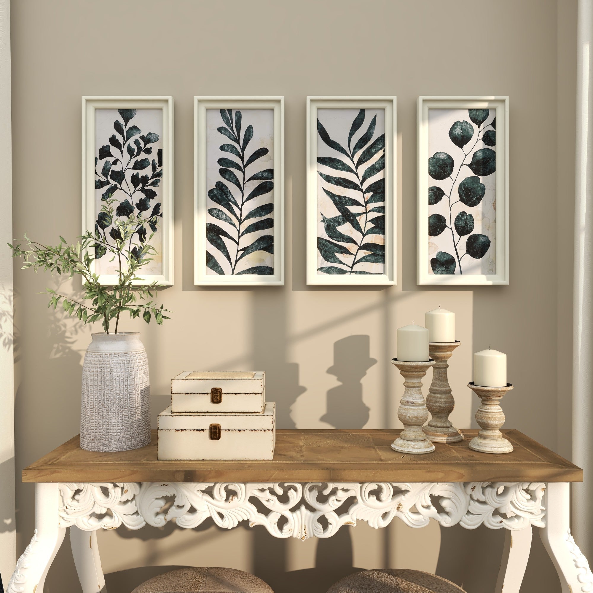 Set of 4 Leaf Green Wood Panel Living Room Framed Wall Art with Cream Frame