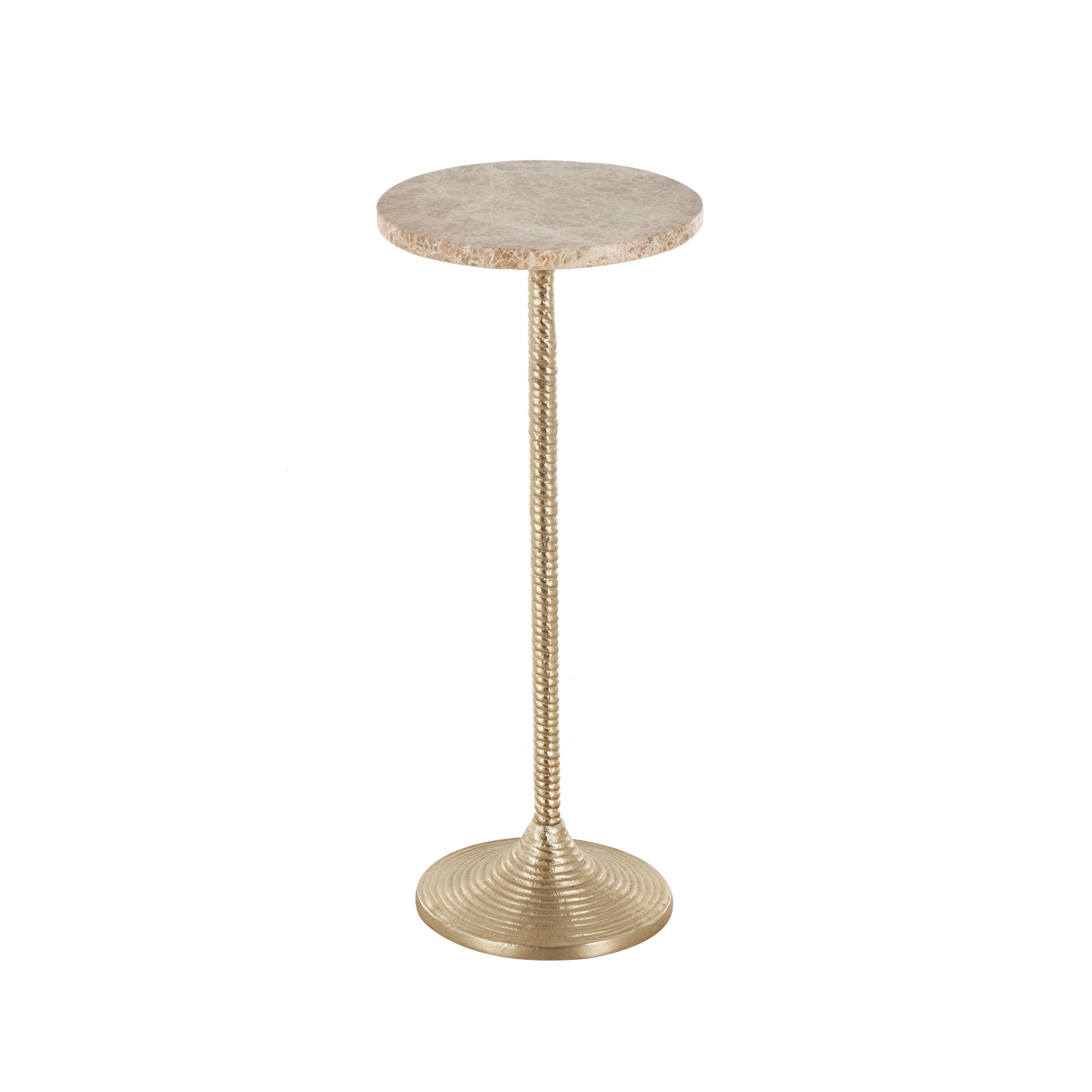 Gold Aluminum Metal Pedestal Side End Accent Table with Beige Marble Tabletop
