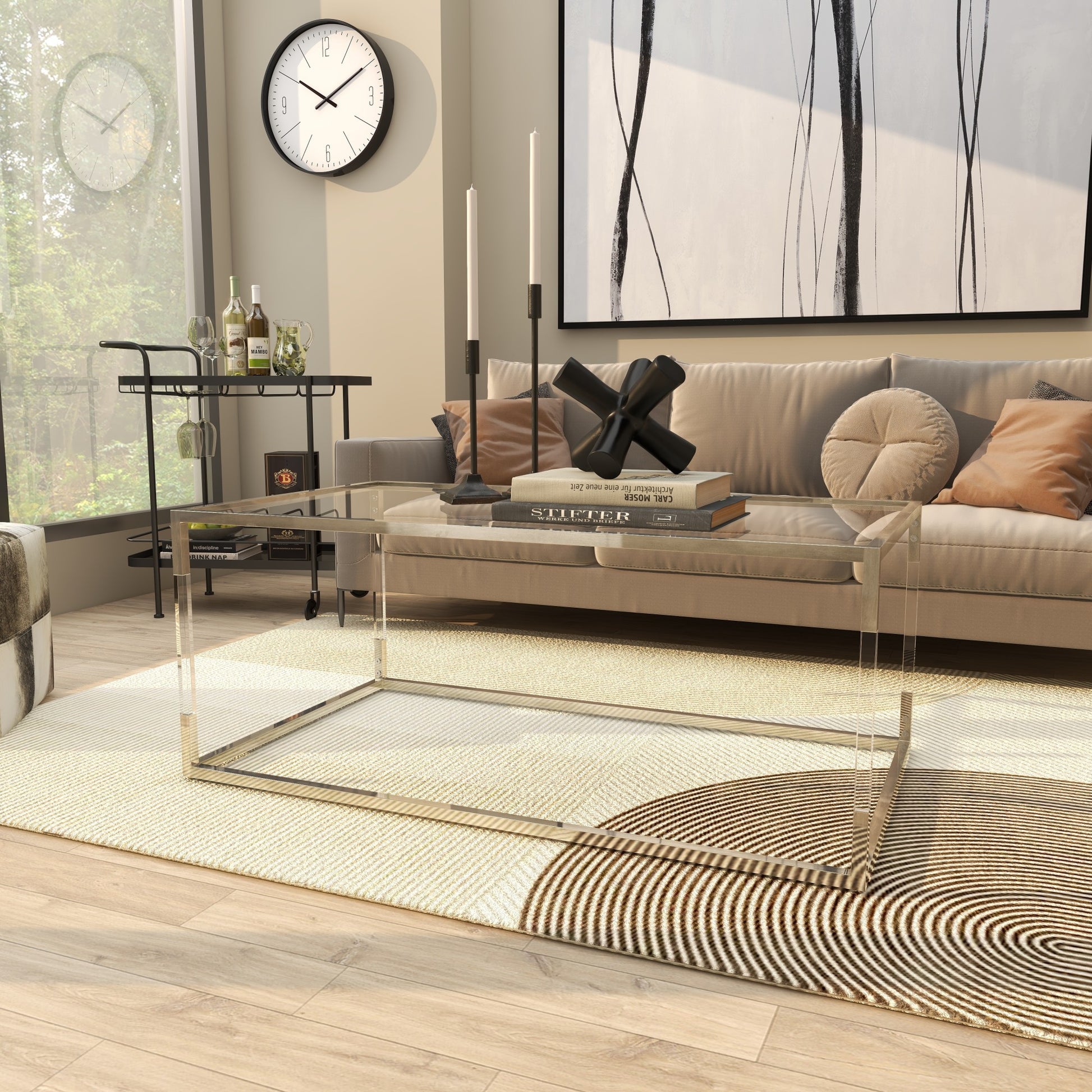 Metal Living Room Coffee Table with Clear Glass Top and Acrylic Legs