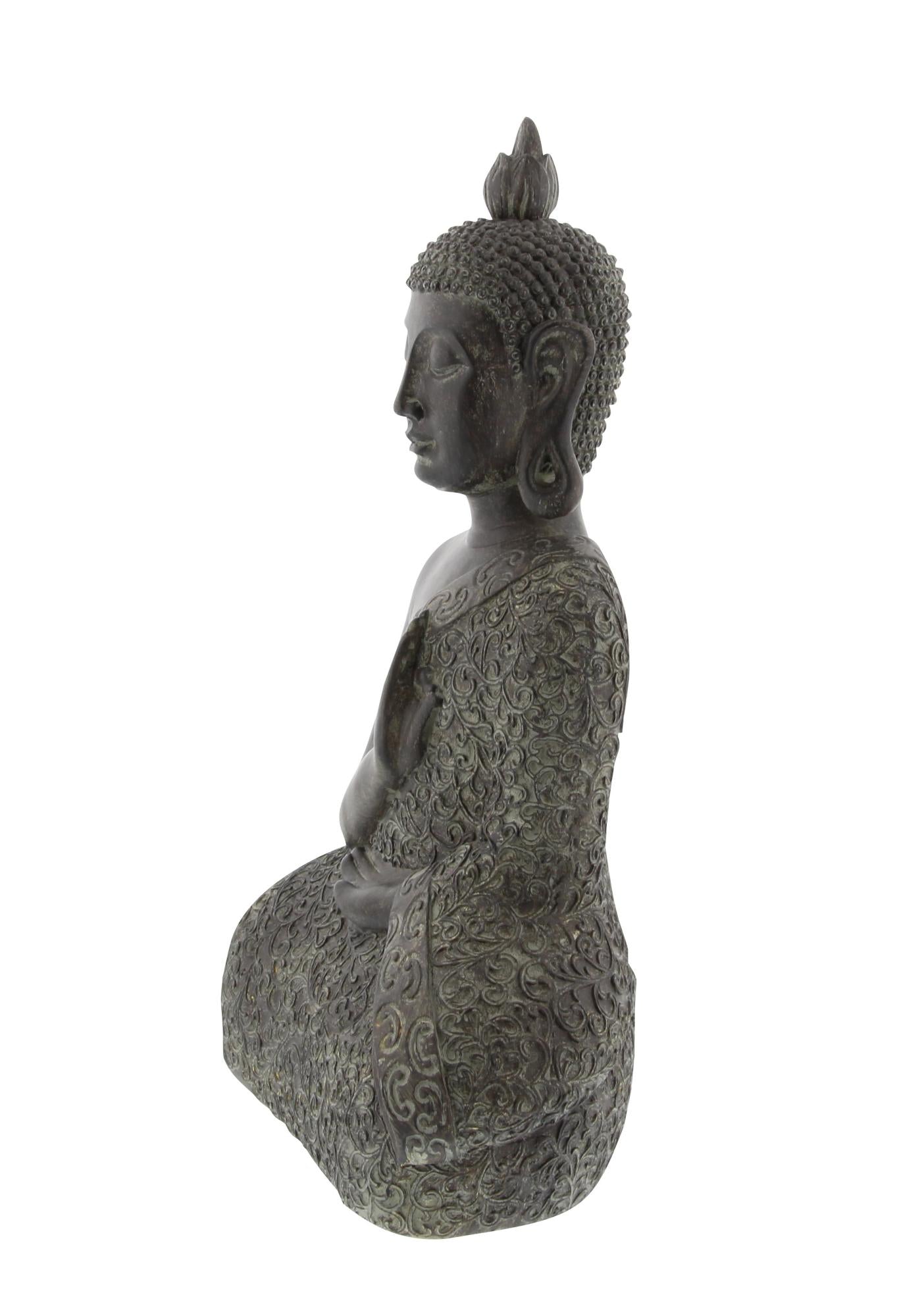 Buddha Brown Polystone Meditating Decorative Sculpture with Engraved Carvings and Relief Detailing