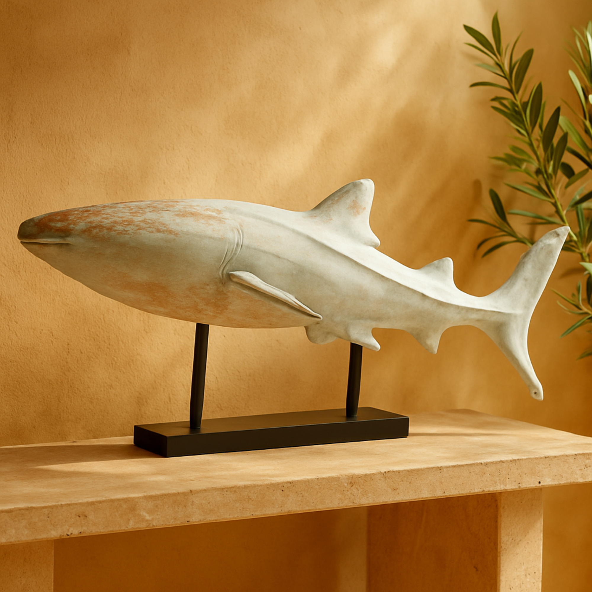 Shark Light Blue Polystone Distressed Decorative Sculpture with Brown Wood Inspired Accents and Black Stand
