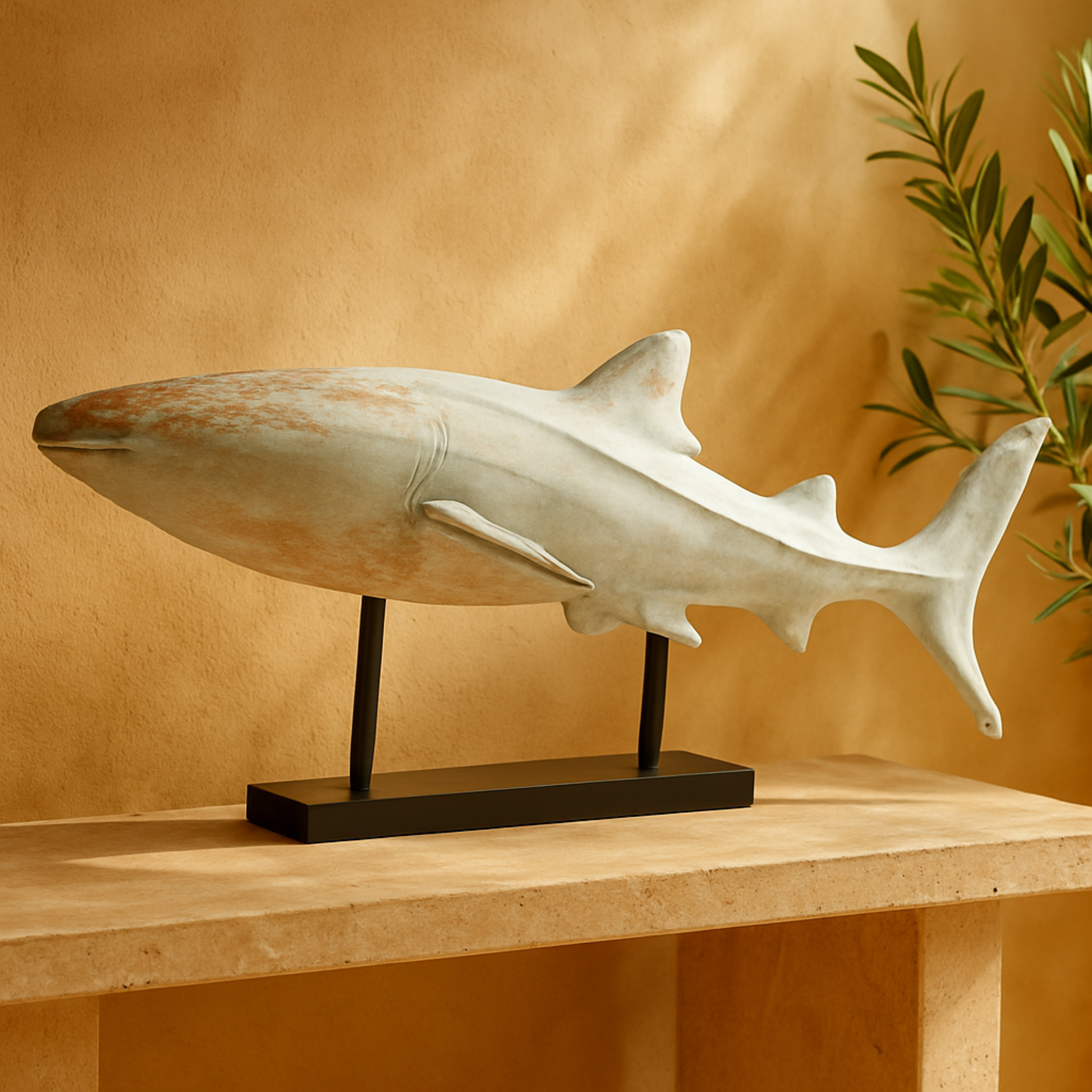 Shark Light Blue Polystone Distressed Decorative Sculpture with Brown Wood Inspired Accents and Black Stand