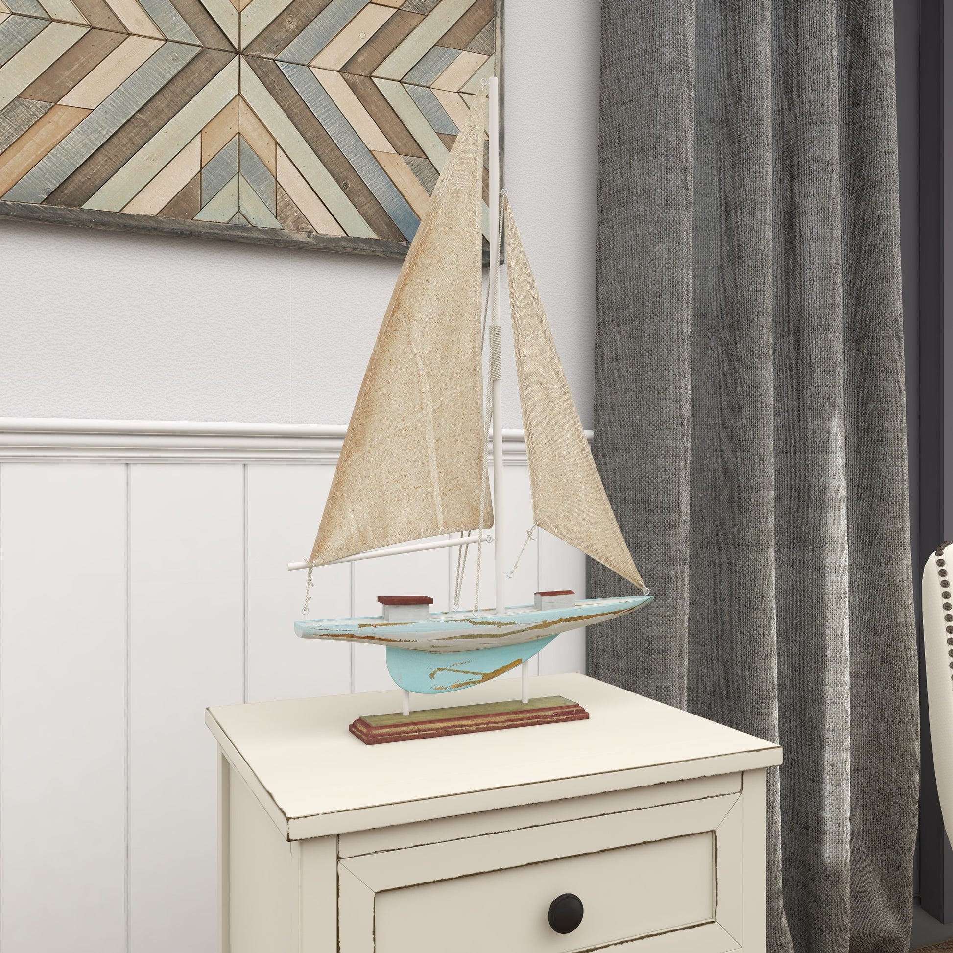 Sail Boat Blue Wood Distressed Decorative Sculpture with Cream Linen Sails and Brown Accents