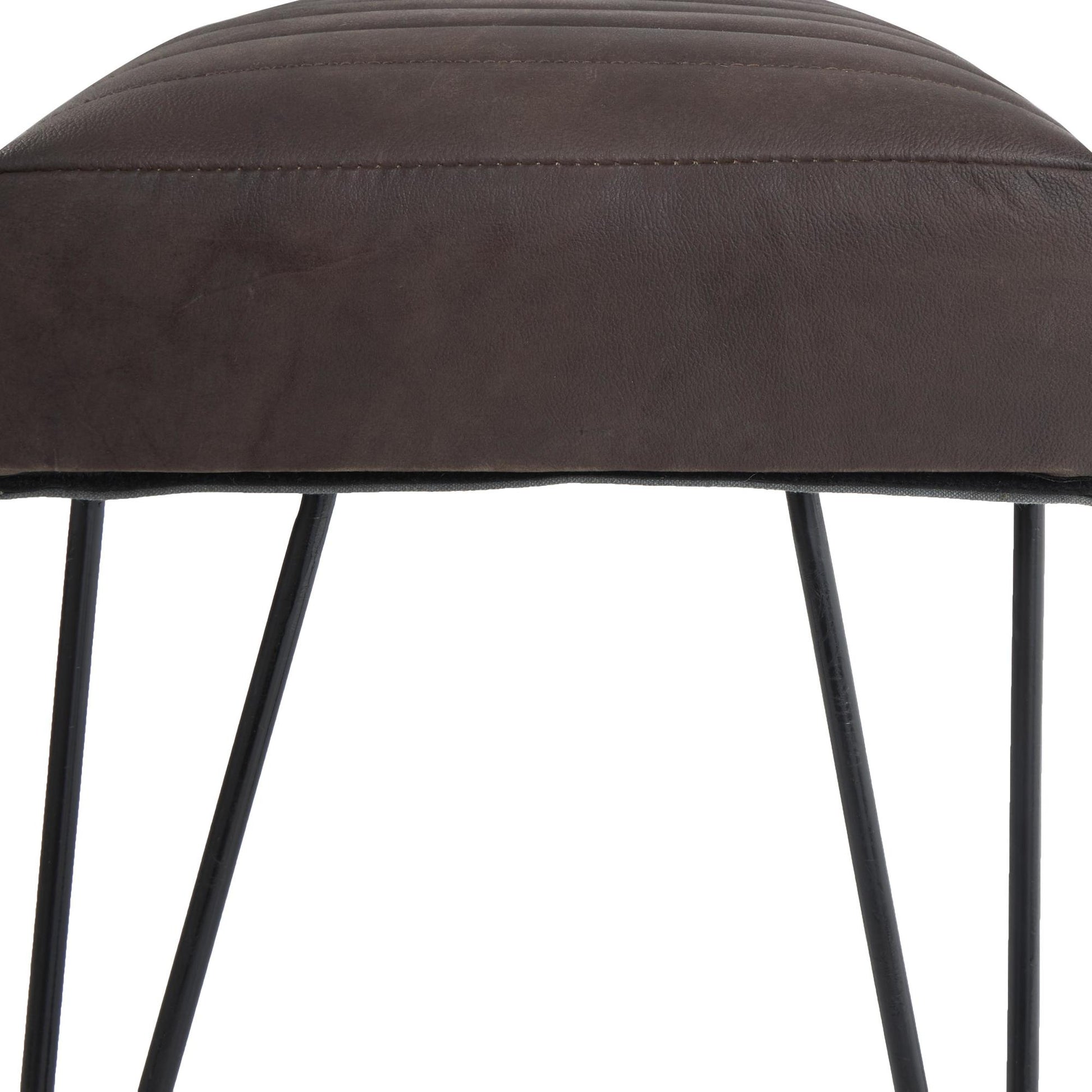 Leather Upholstered Home Bench with Linear Tufted Panels and Black Metal Hairpin Legs