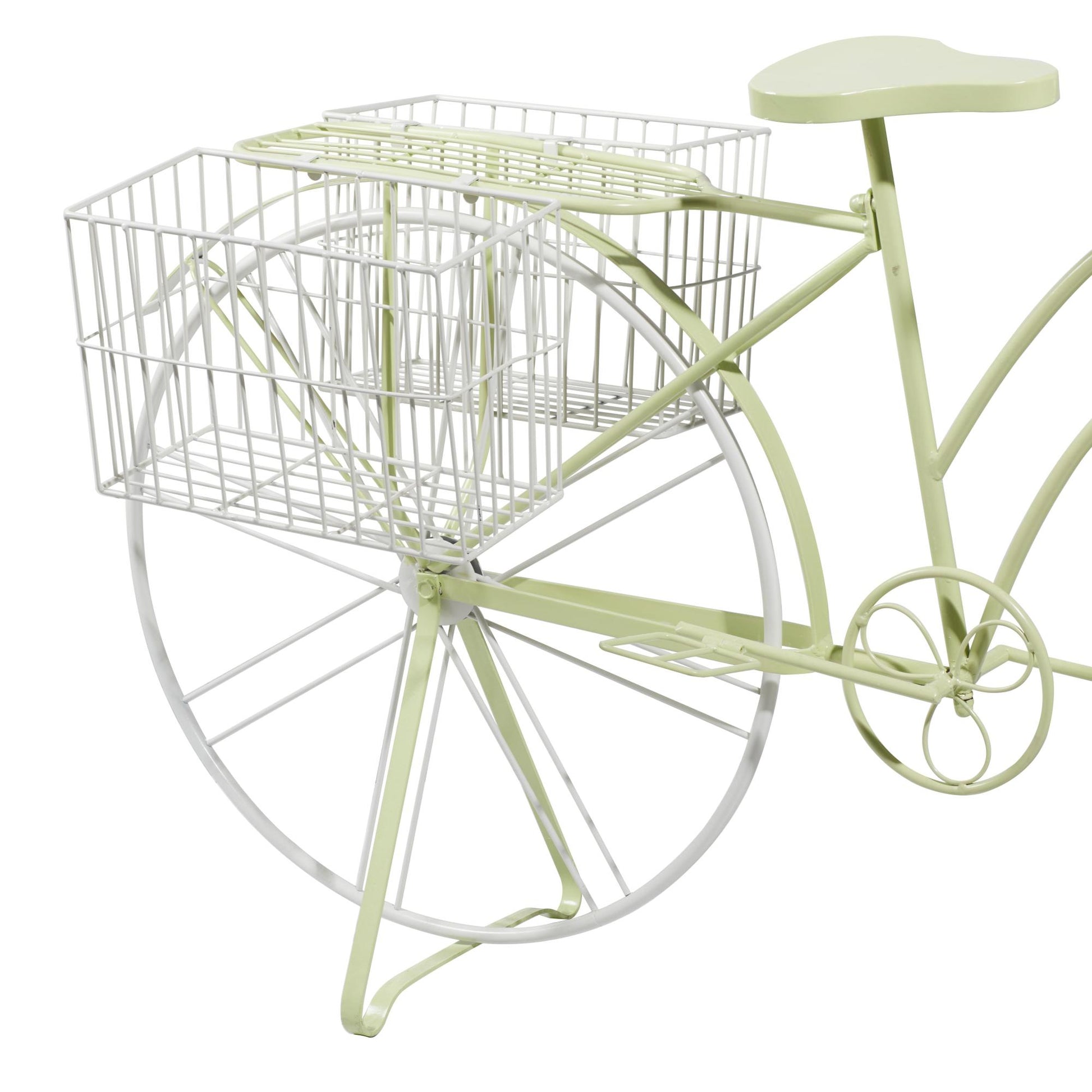 Bike Green Metal Indoor Outdoor Plantstand with Basket and Saddle Bag Planters