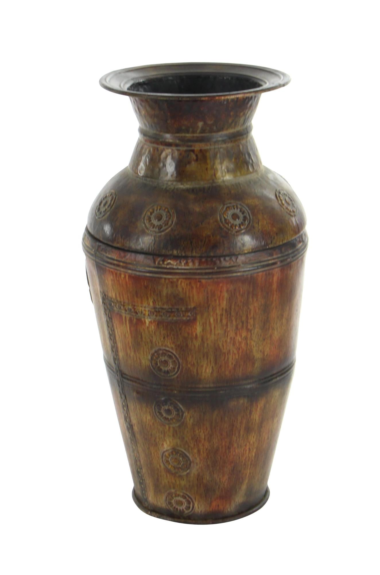 Set of 2 Floral Brown Metal Indoor Outdoor Large Decorative Vase with Evil Eye Relief