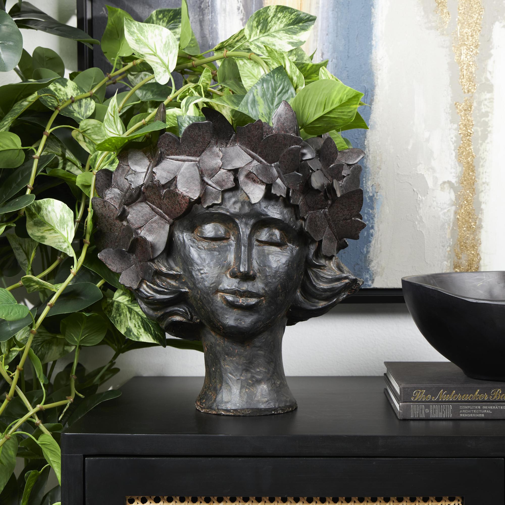 Woman Bronze Resin Head Indoor Outdoor Planter with Wide Opening and Butterfly Accents