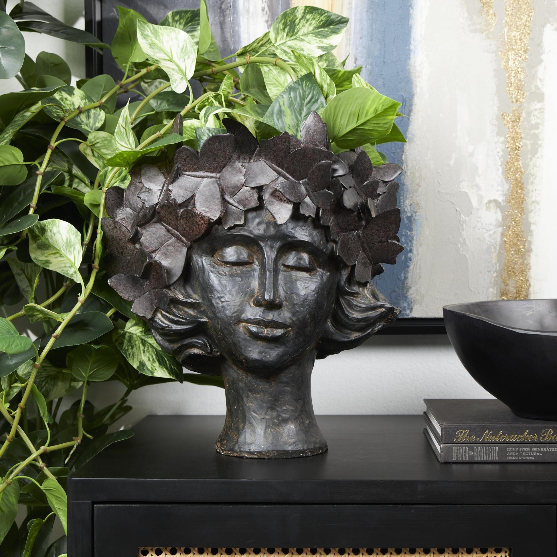 Woman Bronze Resin Head Indoor Outdoor Planter with Wide Opening and Butterfly Accents