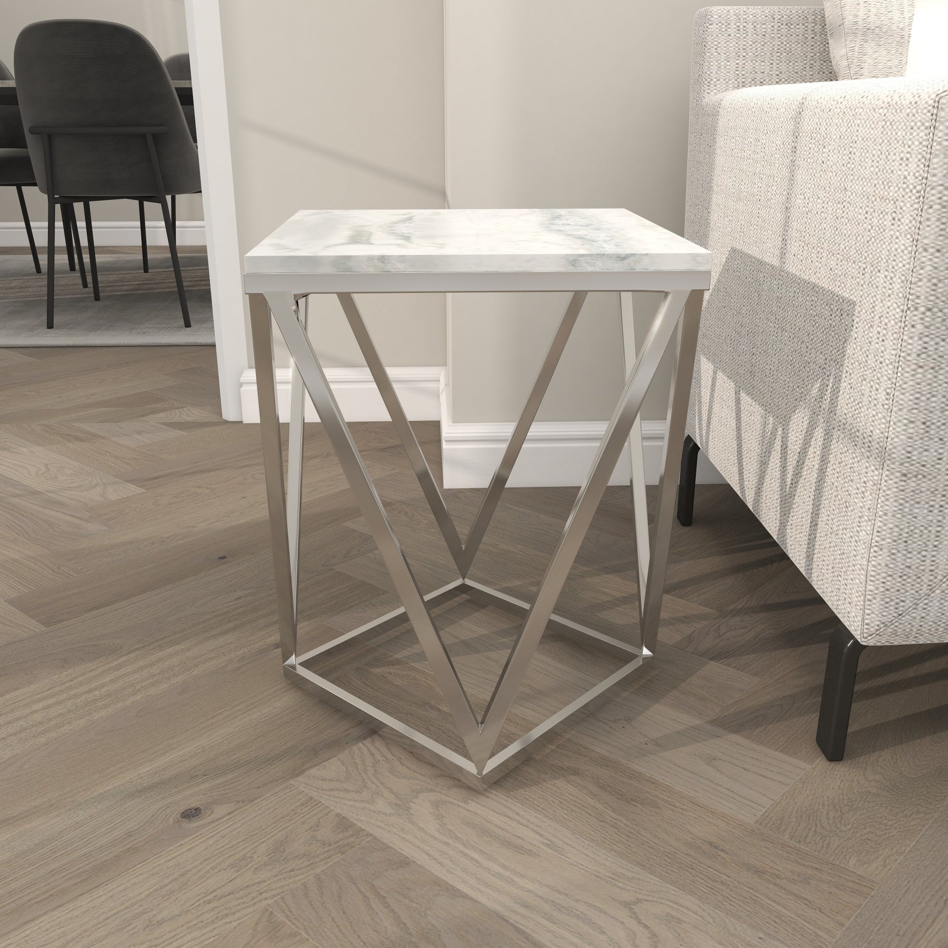 Geometric Silver Stainless Steel Metal Side End Accent Table with Marble Top