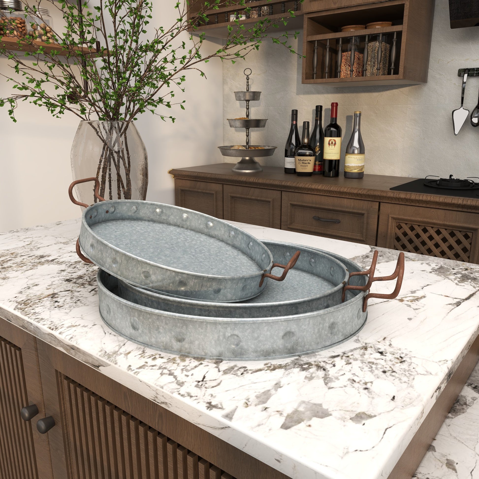 Set of 3 Gray Metal Galvanized Oval Living Room Decor Tray with Rust Handles