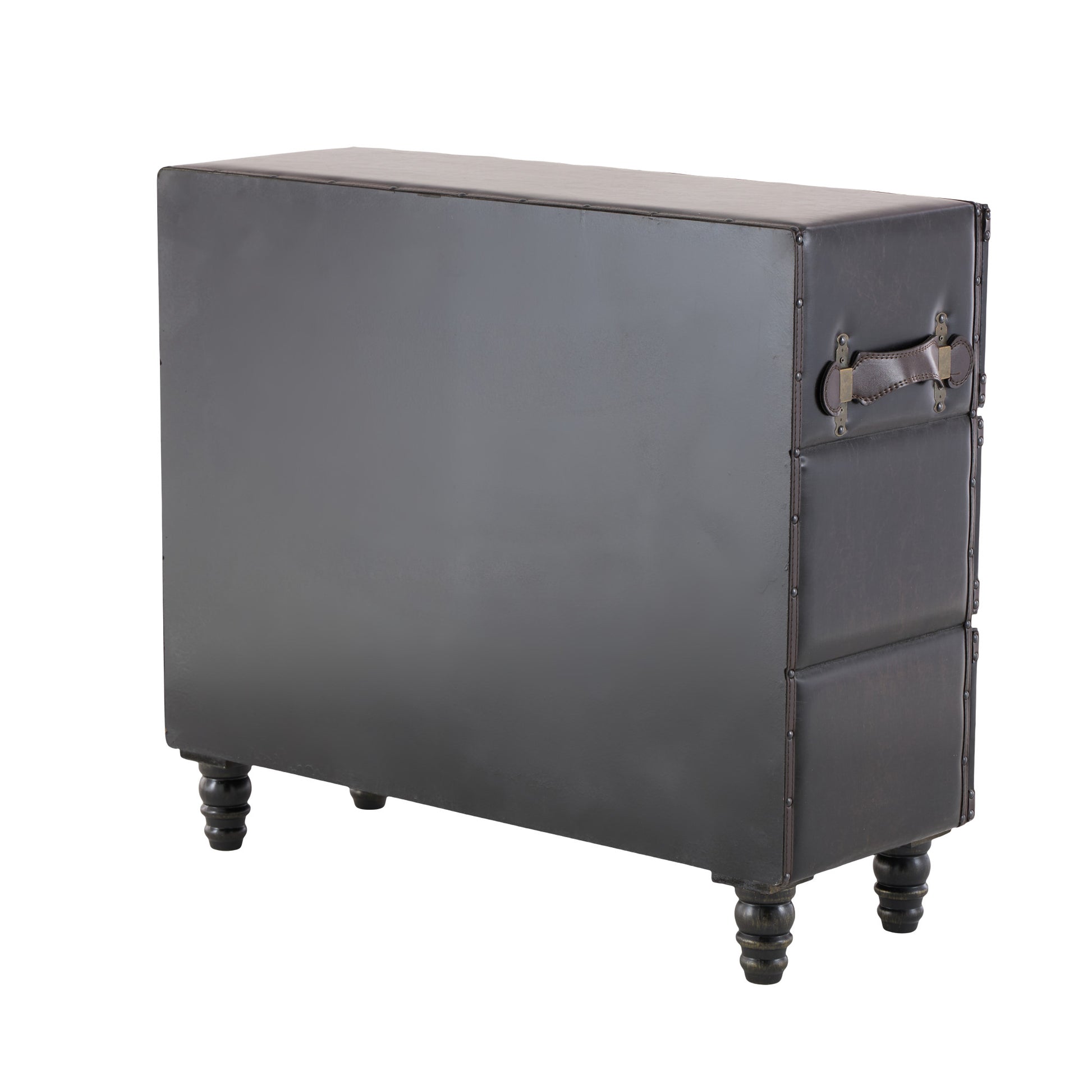 Black Wood Vintage Faux Leather Room Chest with Rivets and Straps Detailing