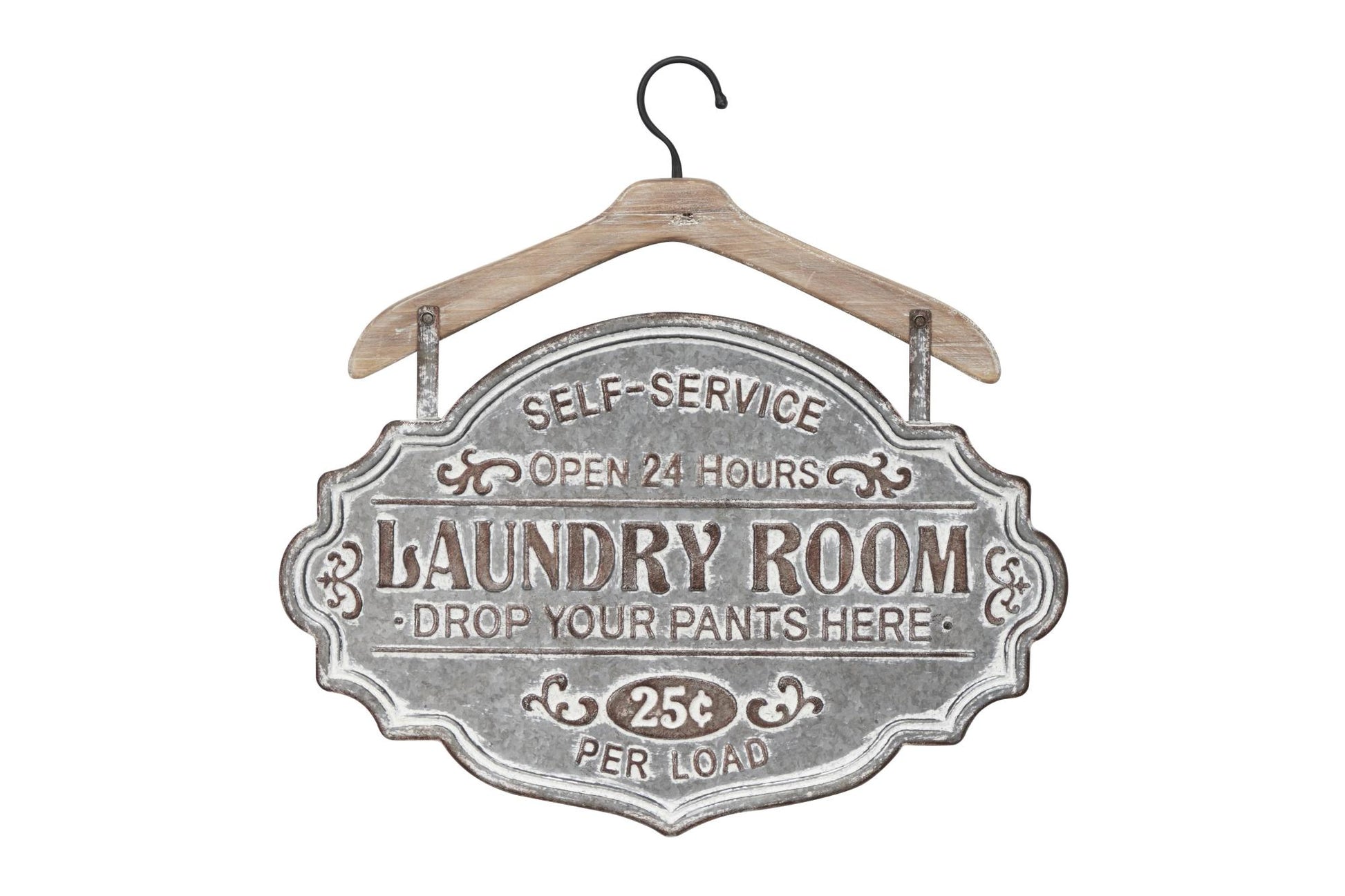 Sign Gray Metal Laundry Room Home Wall Decor with Brown Wood Hanger