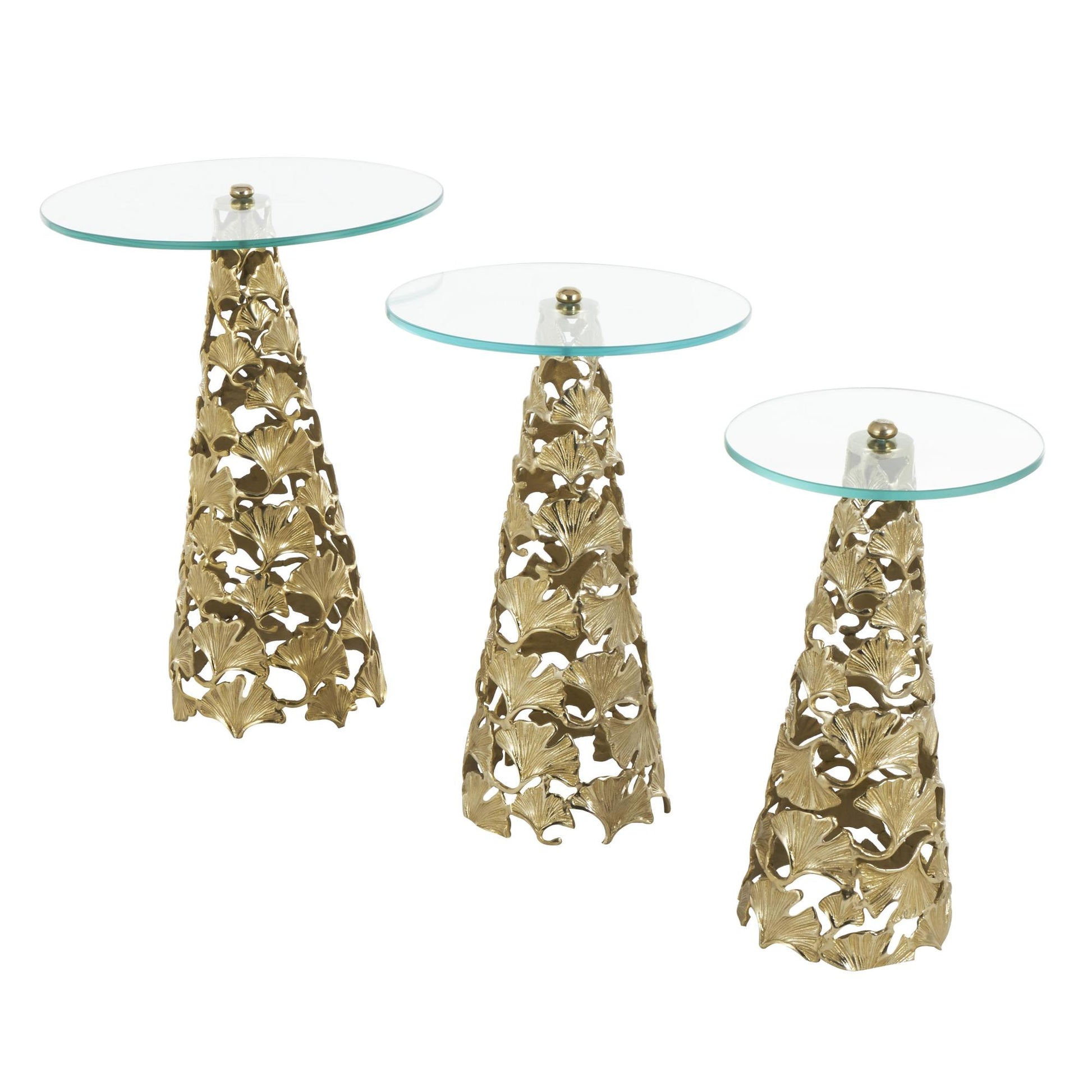Set of 3 Floral Aluminum Metal Cutout Cone Shaped Side End Accent Table with Tempered Glass Tabletop