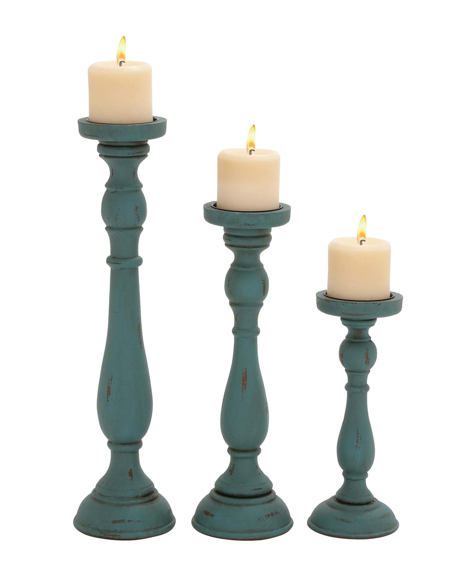 Set of 3 Teal Wooden Distressed Turned Decorative Candle Holder