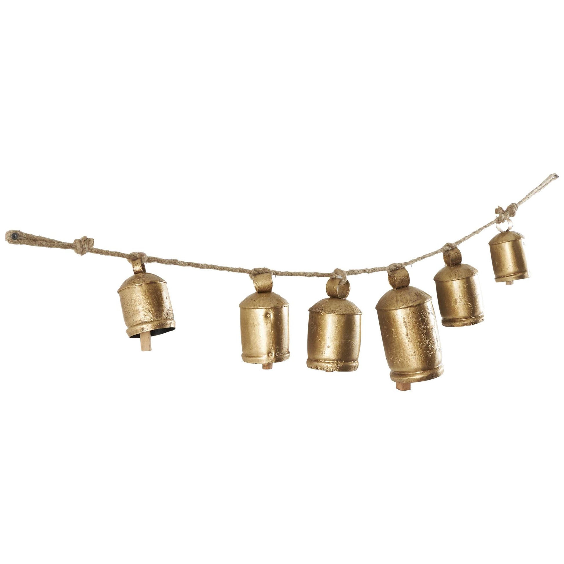 Gold Metal Tibetan Inspired String Hanging Indoor Outdoor Decorative Cow Bells with 6 Bells on Jute Hanging Rope