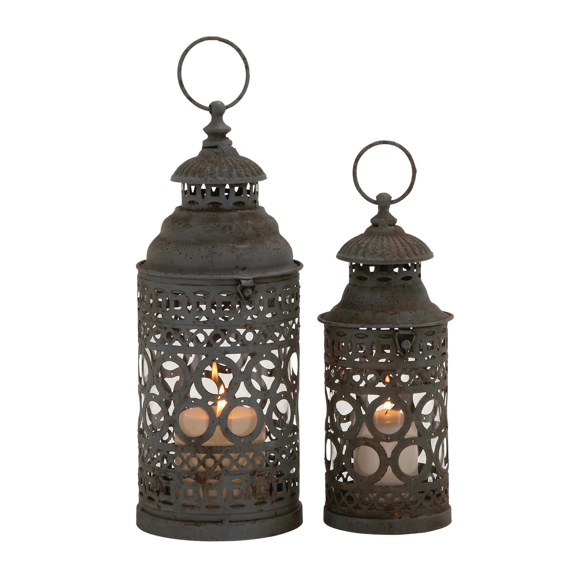 Set of 2 Scroll Black Metal Decorative Indoor Outdoor Candle Lantern with Ring Handle
