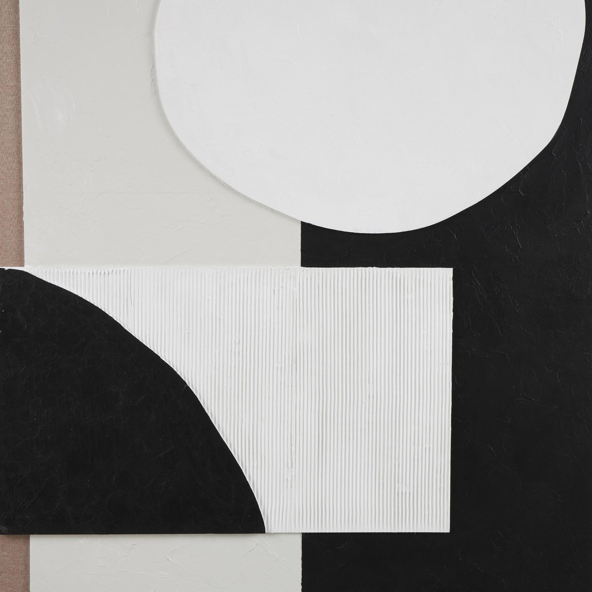 Geometric Brown Wood Textured Living Room Framed Wall Art with Abstract Black and White Shapes and Fabric Backing