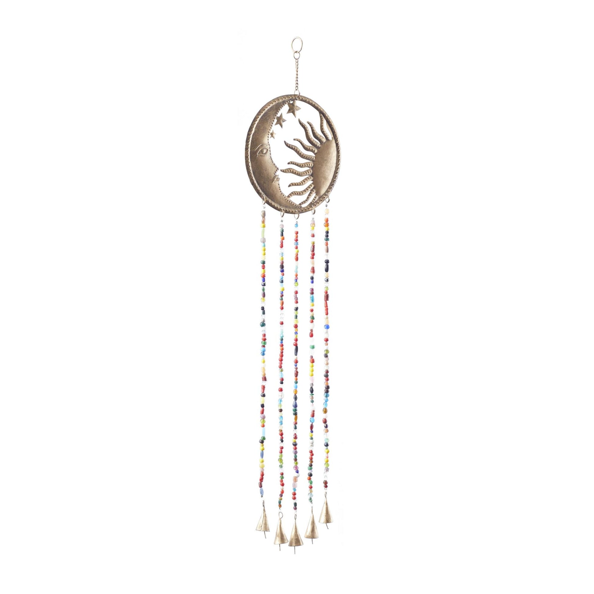 Sun and Moon Brass Metal Handmade Indoor Outdoor Windchime with Glass Beads and Bells