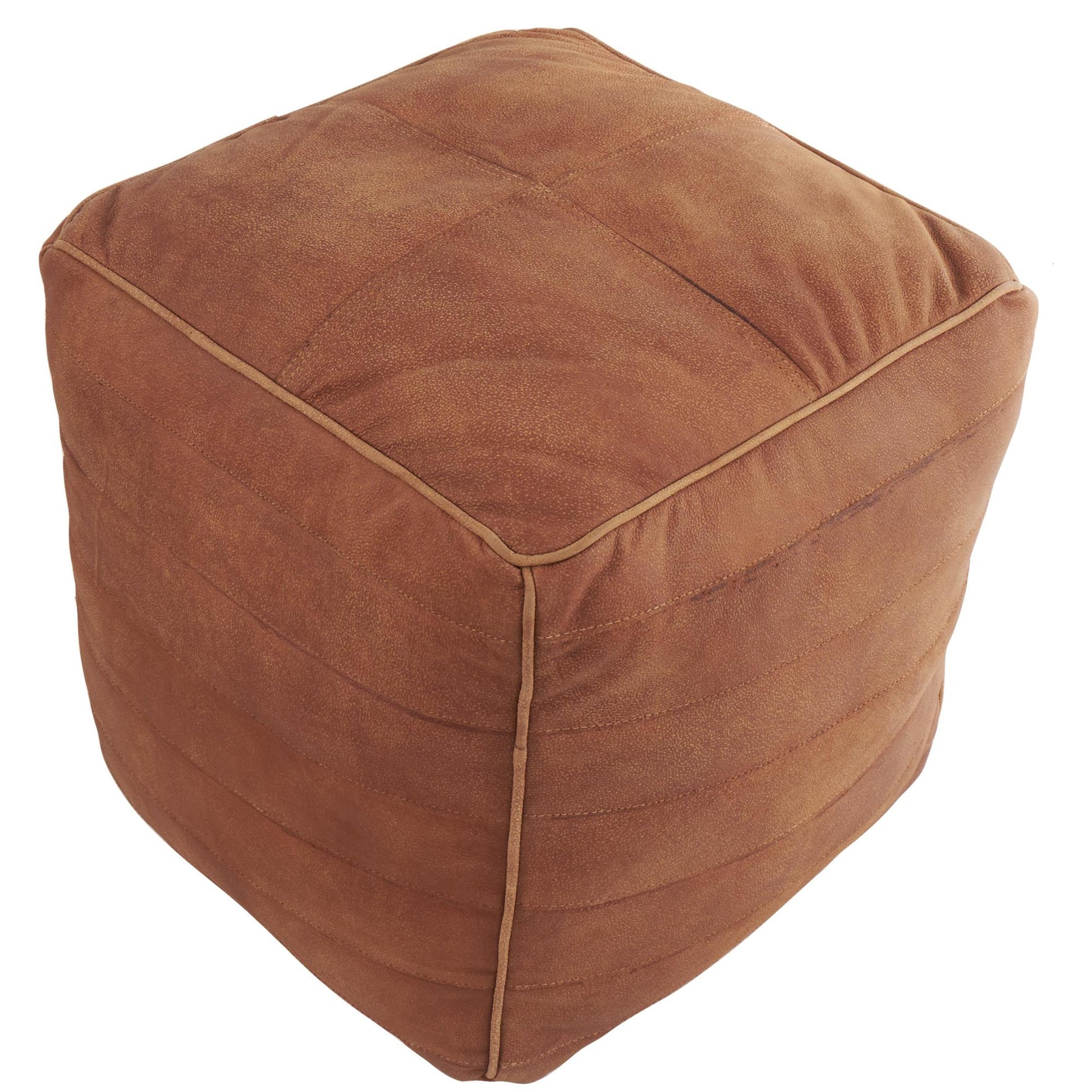 Leather Stuffed Pouf with Linear Panels