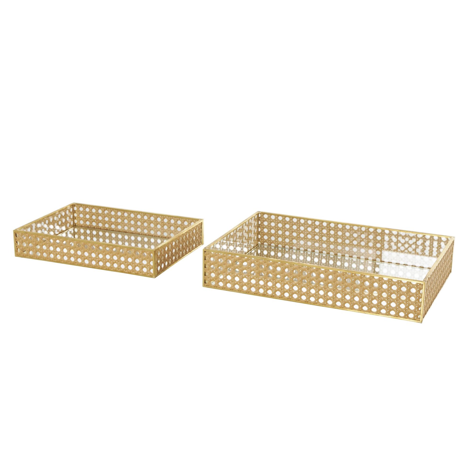 Set of 2 Brown Rattan Woven Living Room Decor Tray with Mirrored Glass Interior