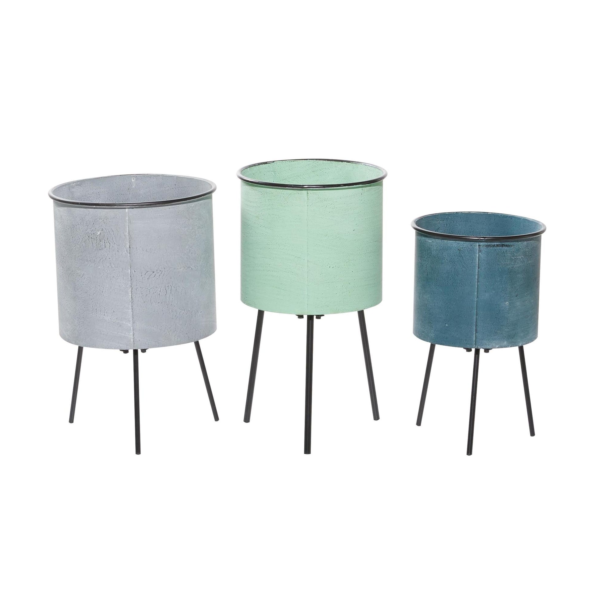 Set of 3 Text Blue Metal Indoor Outdoor Planter with Flowers And Garden Text and Black Tripod Legs