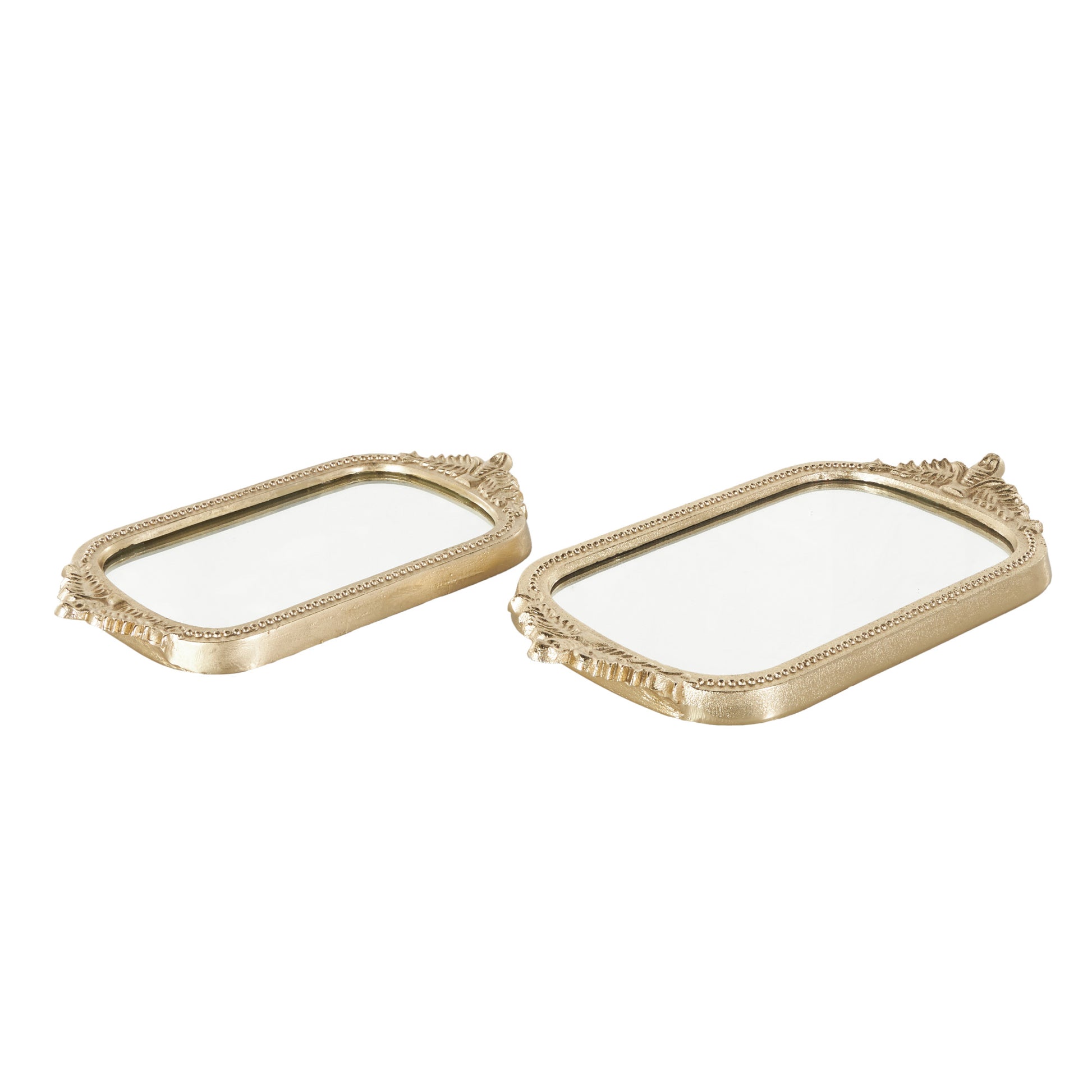 Set of 2 Leaf Gold Aluminum Metal Living Room Decor Tray with Mirrored Glass Interior and Handles