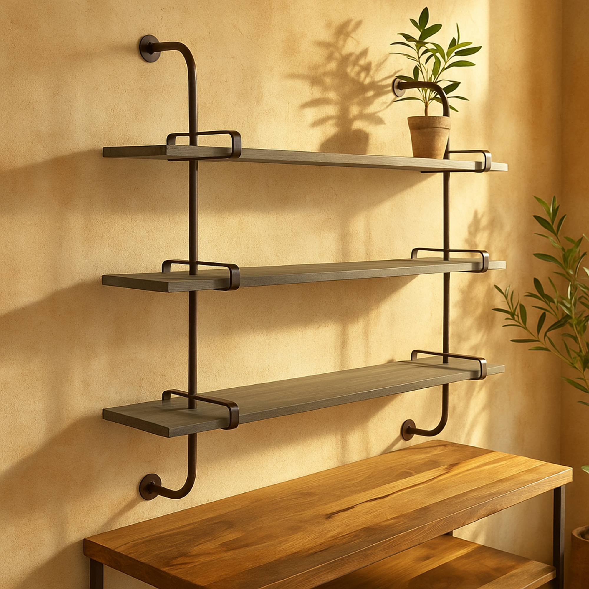Wood 3 Shelf Room Wall Shelf with Black Metal Brackets 38" x 10" x 39"