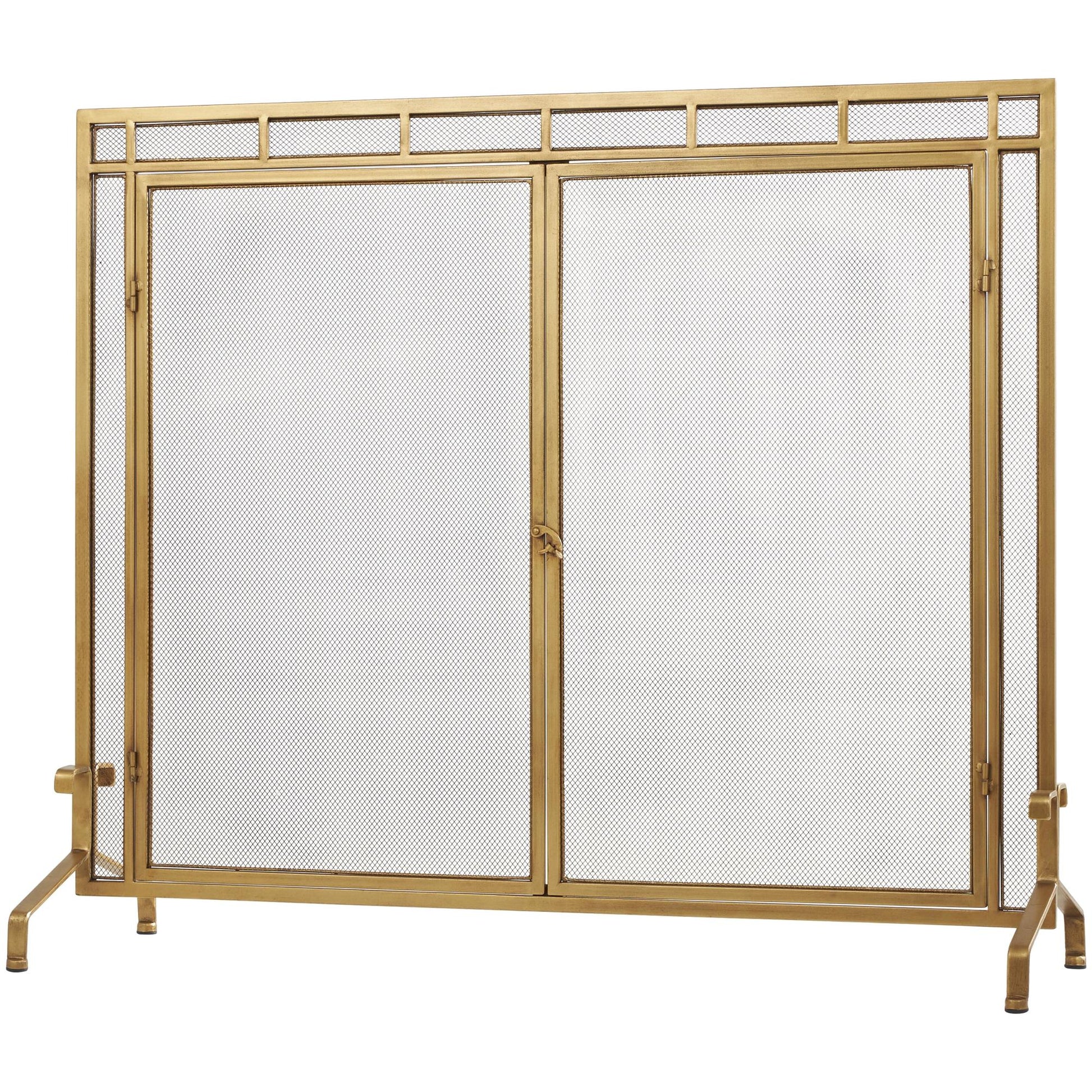 Gold Metal Geometric Single Panel Living Room Fireplace Screen with Latched Doors and Arched Feet