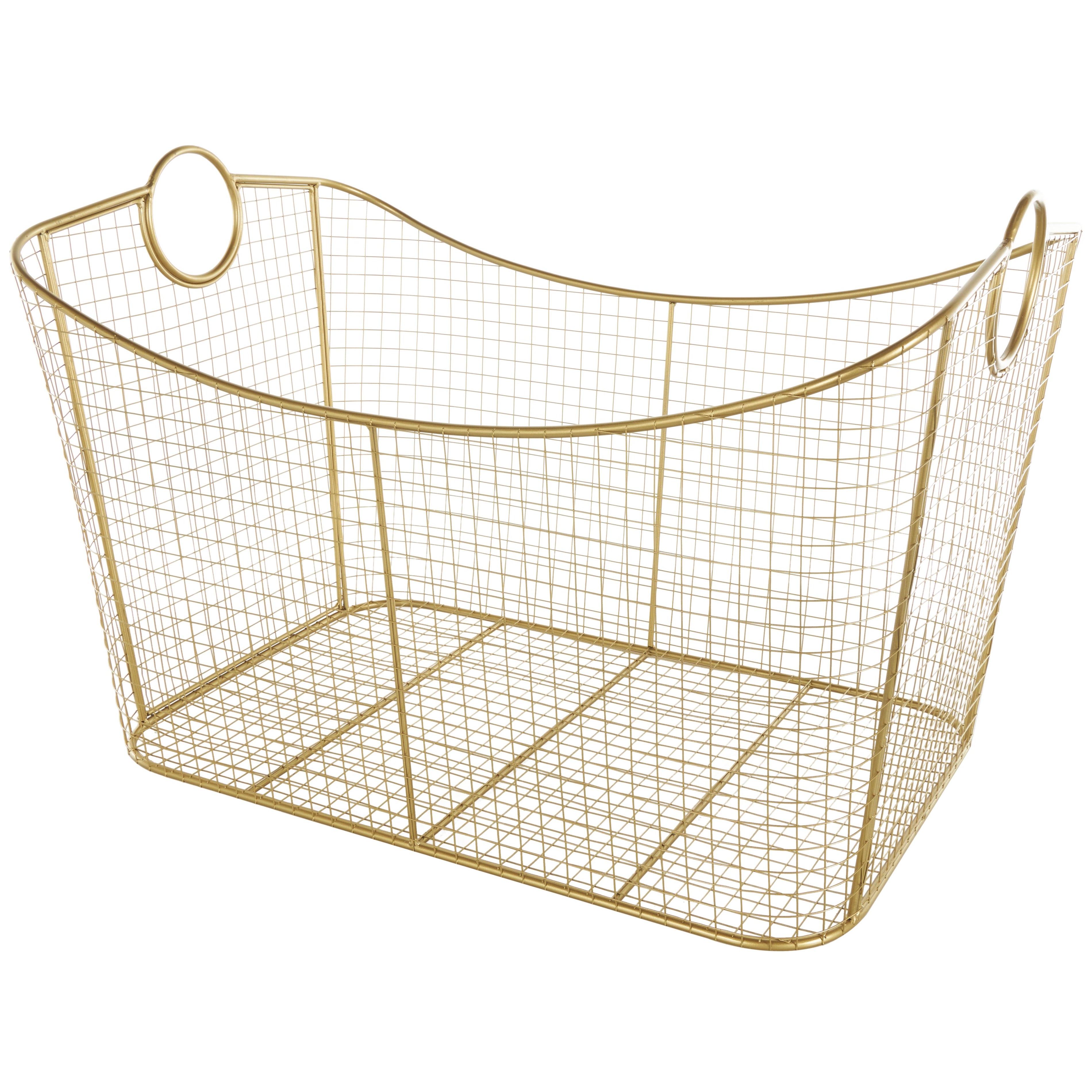 Geometric Metal Wire Grid Decorative and Functional Storage Basket with Curved Sides and Ring Handles