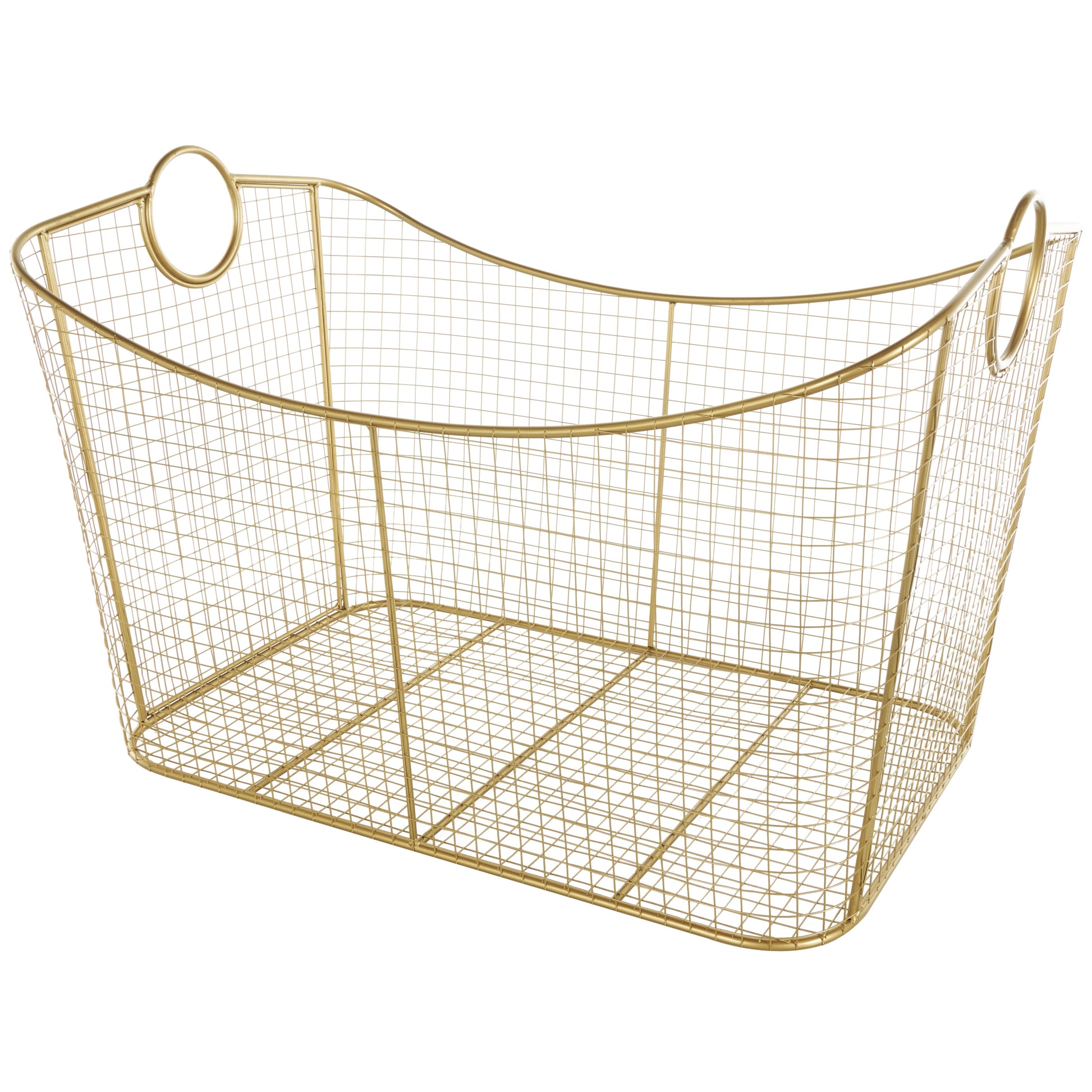 Geometric Metal Wire Grid Decorative and Functional Storage Basket with Curved Sides and Ring Handles