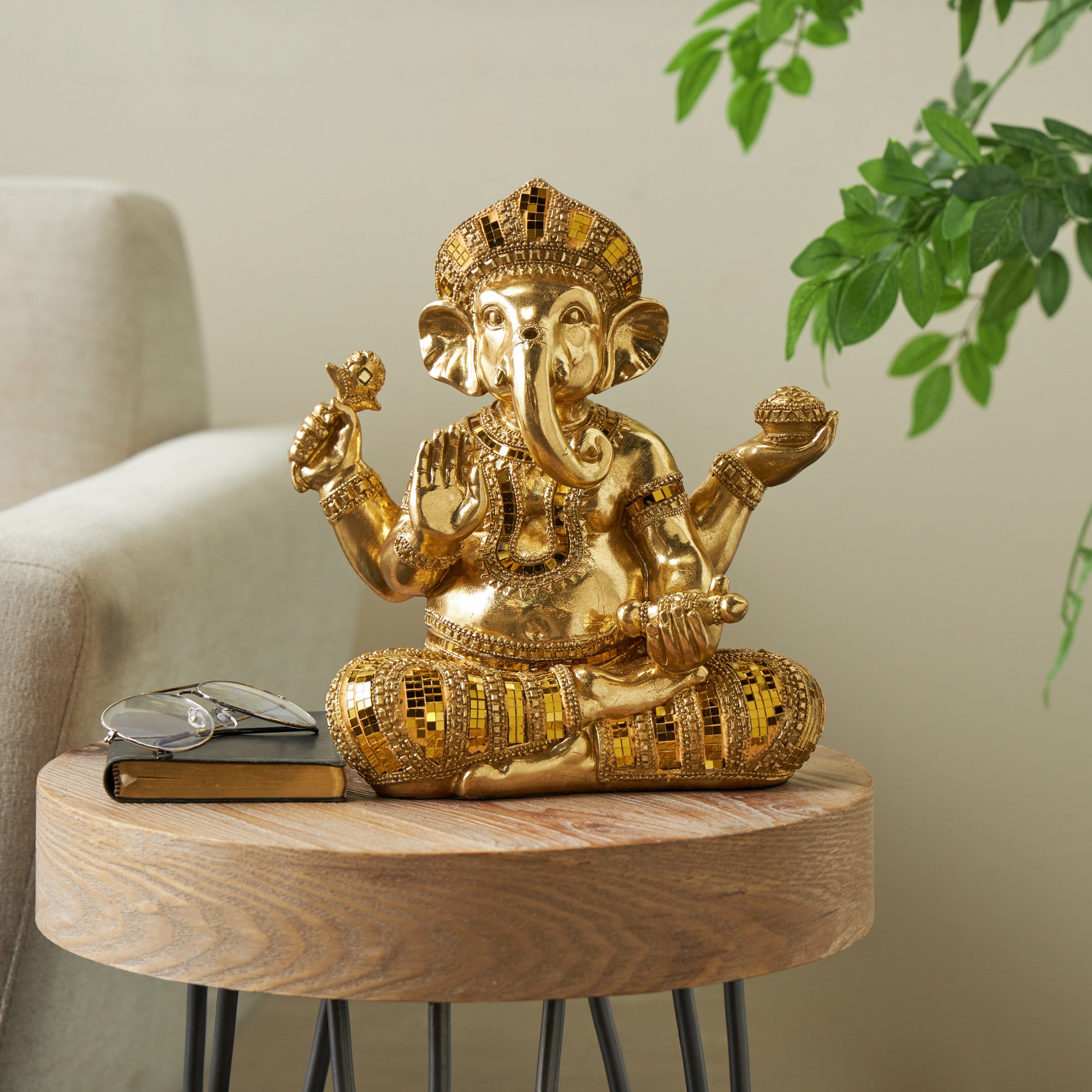 Ganesh Gold Resin Decorative Sculpture with Mosaic Details