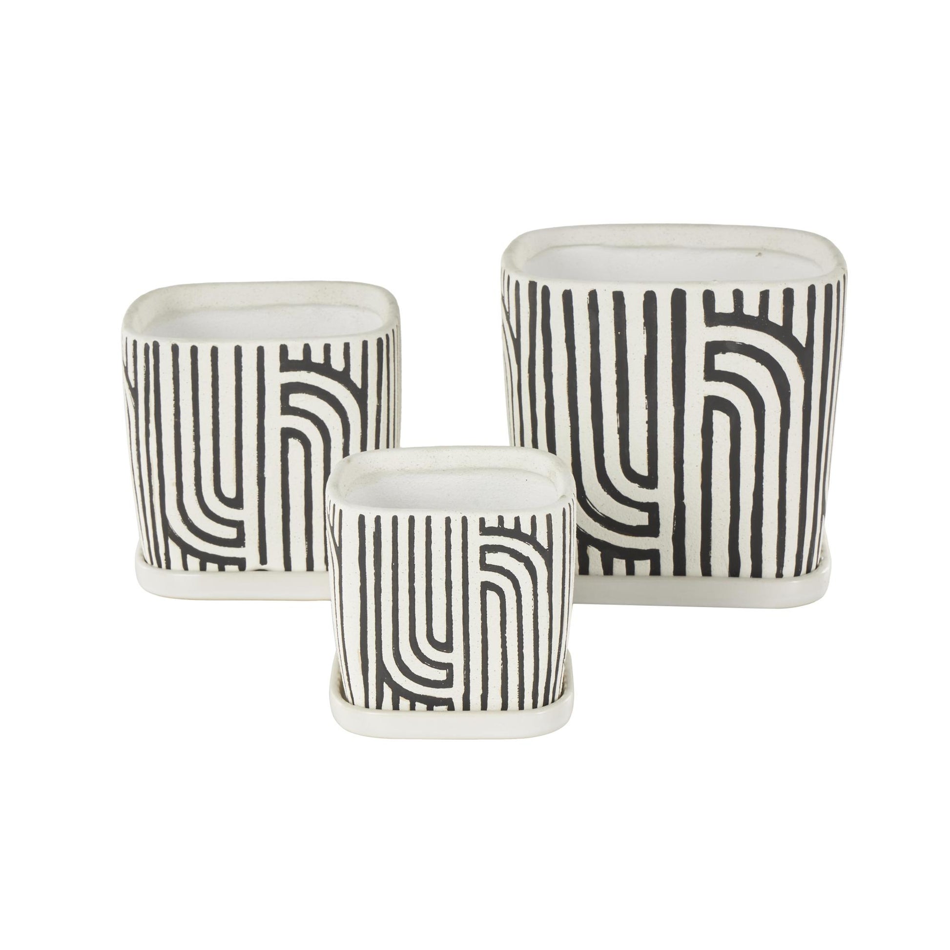 Set of 3 Geometric Ceramic Arched Patterned Indoor Outdoor Planter with Attached Saucer