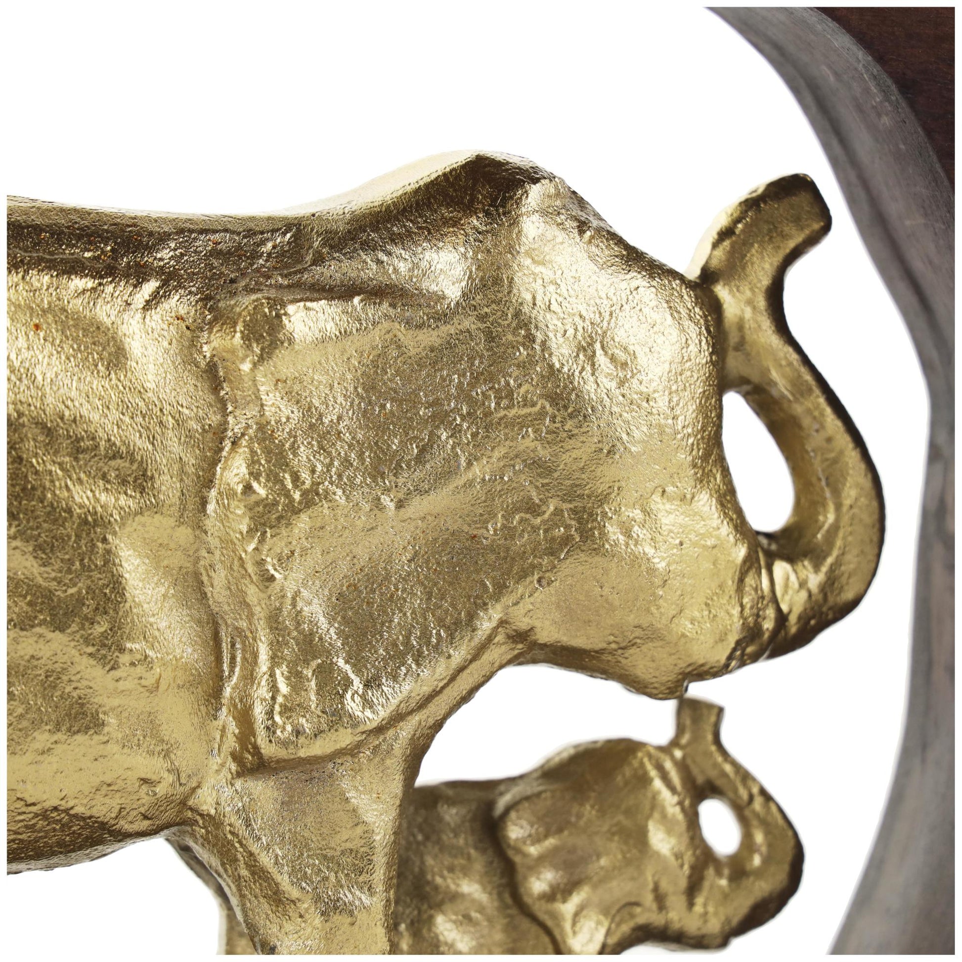 Elephant Gold Aluminum Metal Decorative Sculpture with Brown Wooden Frame