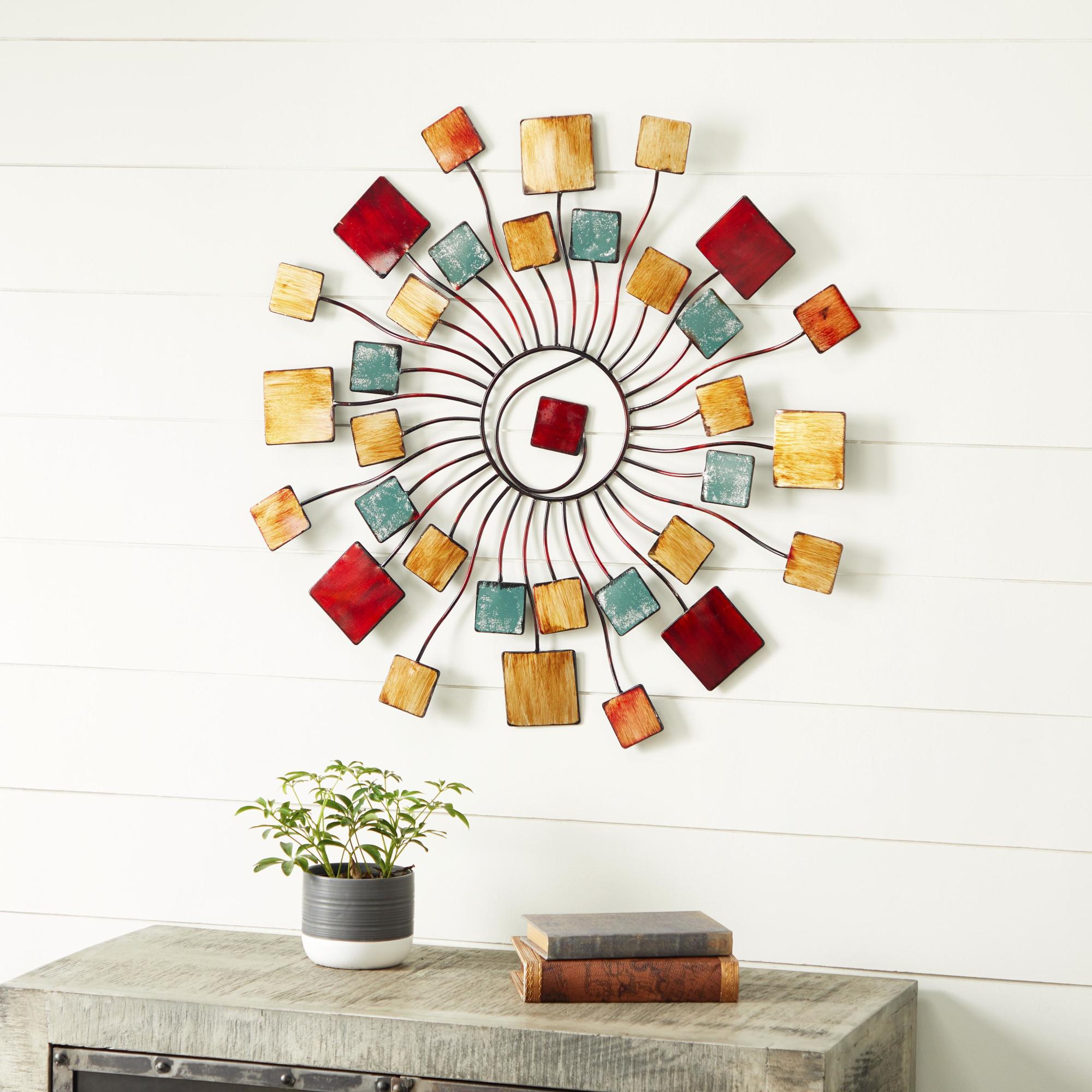 Sunburst Multi Colored Metal Wire Home Wall Decor with Square Shaped Accents