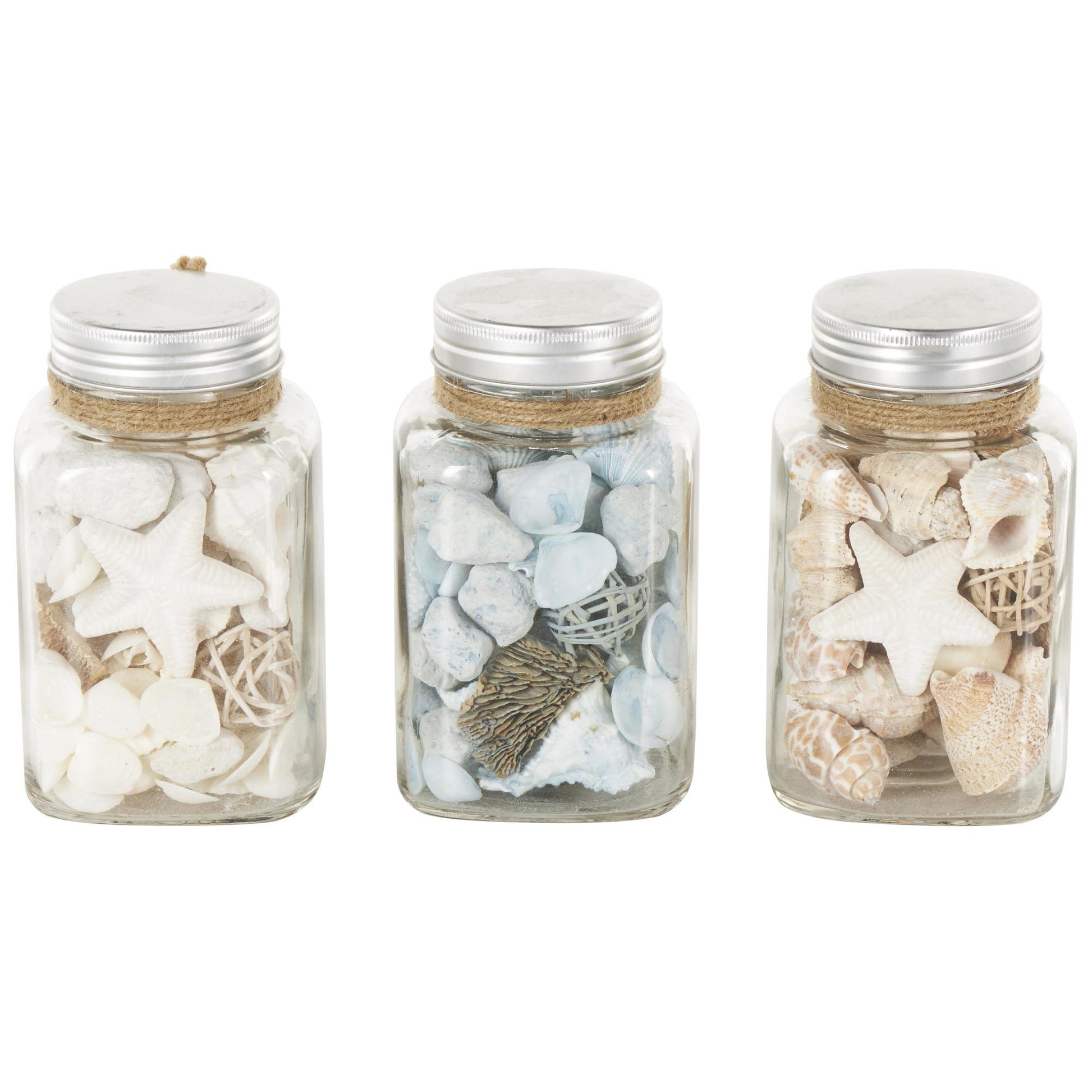 Set of 3 Clear Glass Decorative Orbs & Vase Filler with Seashells and Jute Rope Accents