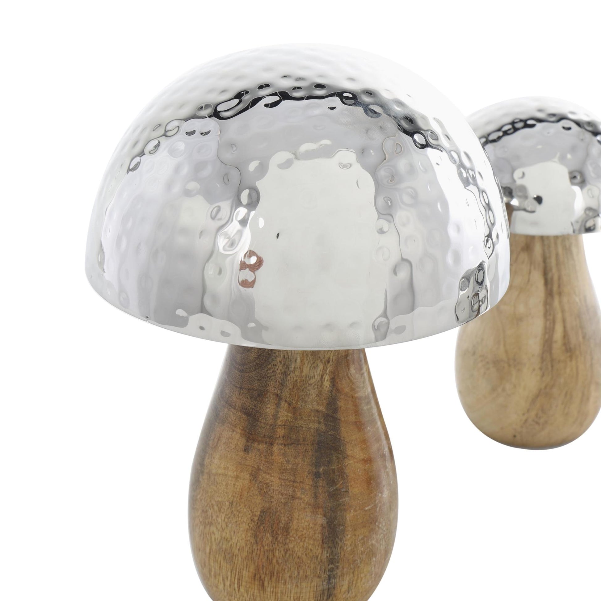 Set of 3 Mushroom Stainless Steel Metal Handmade Hammered Decorative Sculpture with Brown Wood Bases