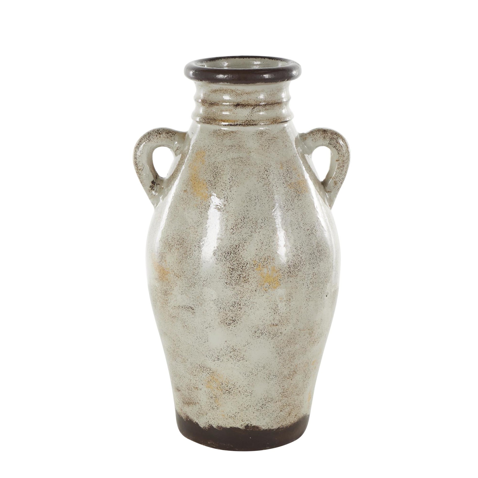 Cream Ceramic Antique Amphora Decorative Vase with Speckled Texturing and Yellow and Brown Accents