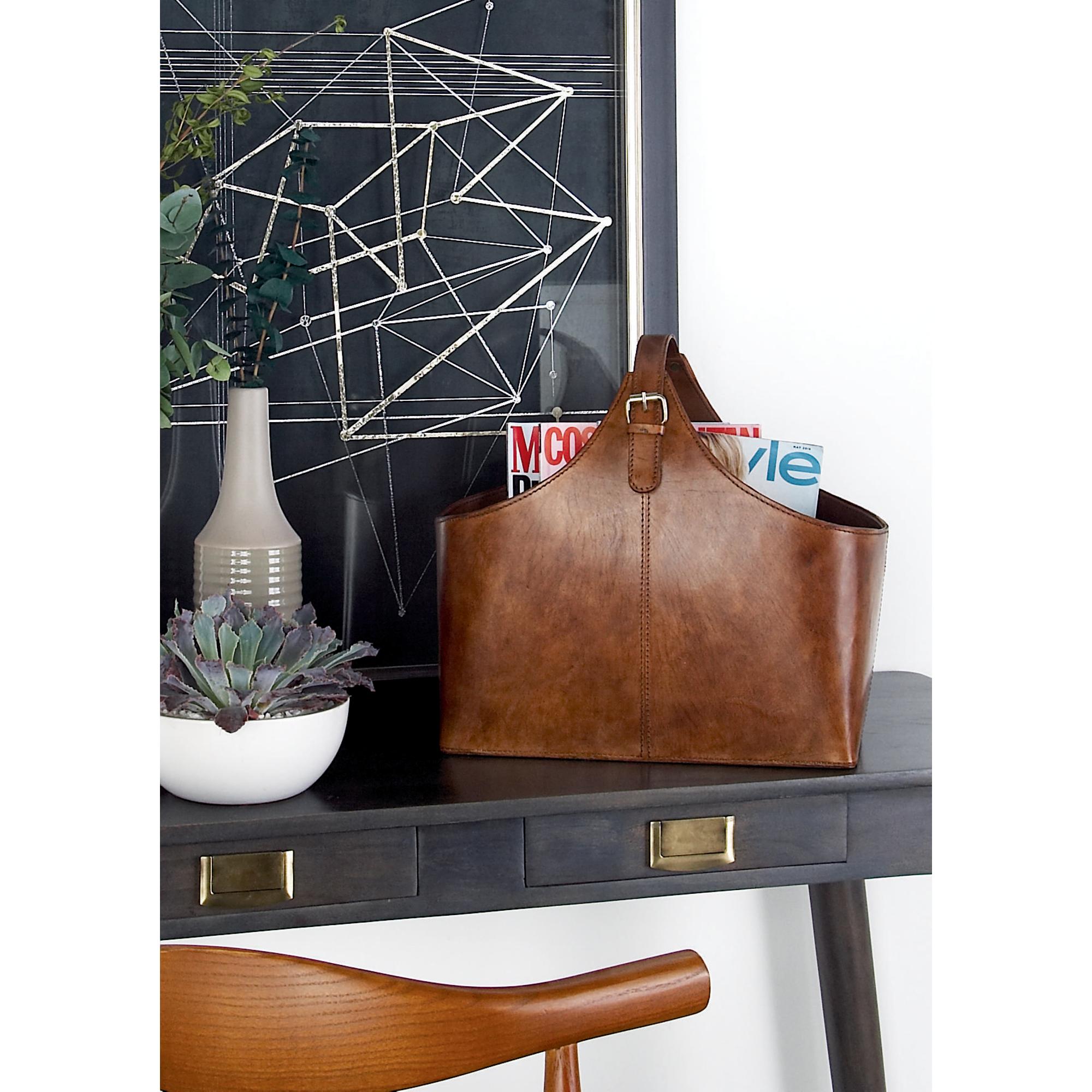 Leather Handmade Box Style Single Slot Decorative Magazine Holder with Detail Stitching and Curved Buckle Handles 17" x 8" x 15"