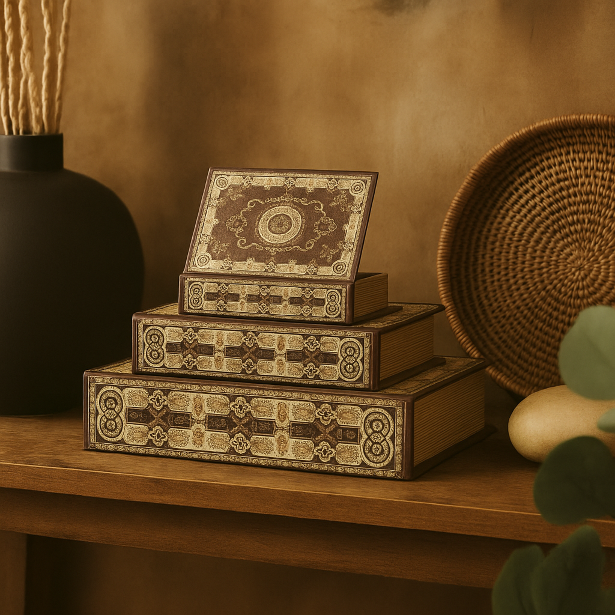 Set of 3 Scroll Red Canvas Faux Book Storage Decorative Box with Cream Floral Arabesque Patterns