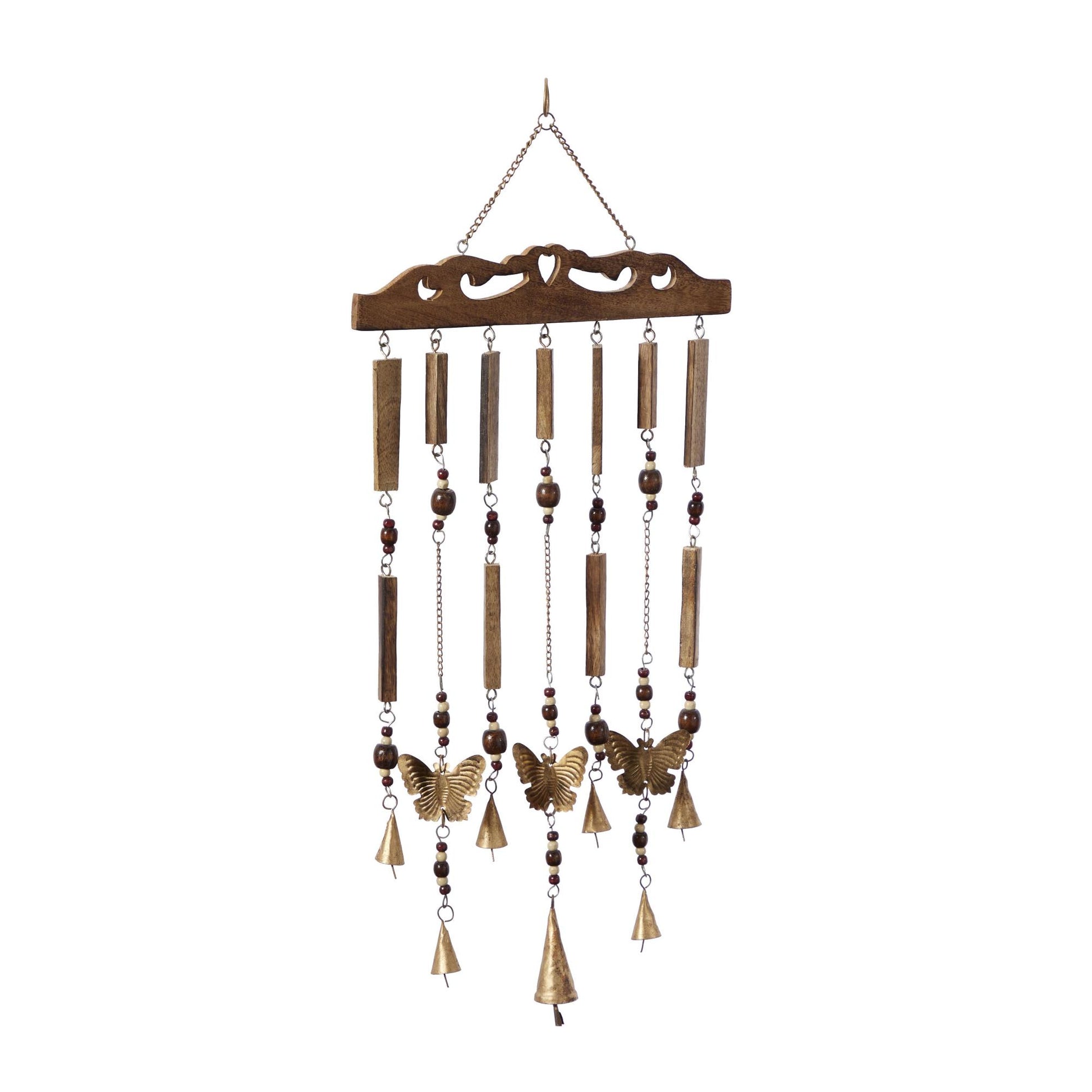 Butterfly Brown Wood Indoor Outdoor Windchime with Beads and Cone Bells