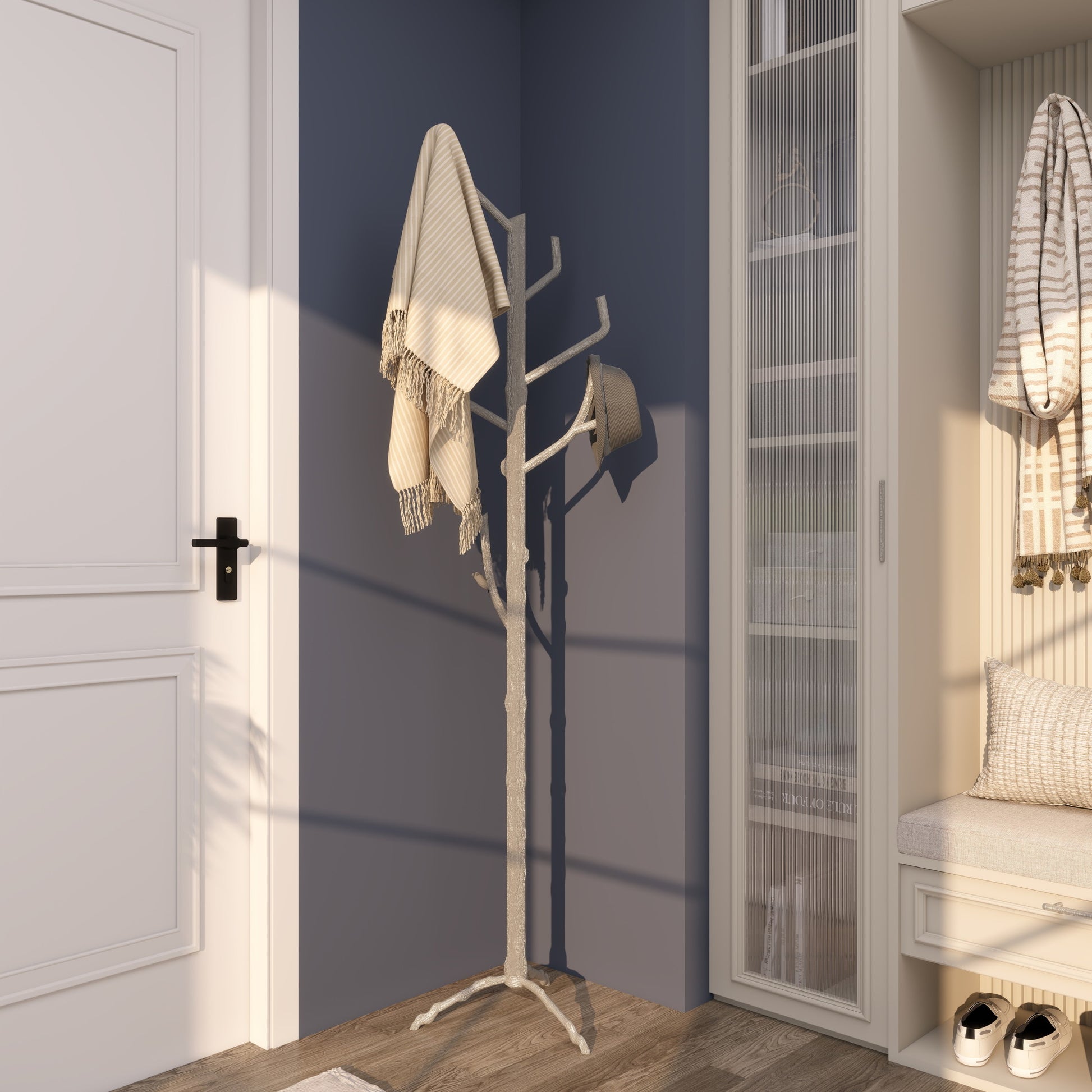 Tree Silver Aluminum Metal Branch 6 Hook Freestanding Coat Rack