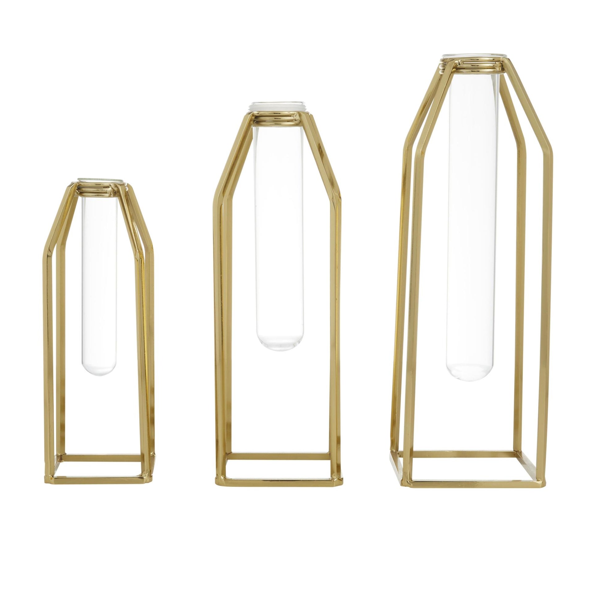 CosmoLiving by Cosmopolitan Set of 3 Gold Stainless Steel Metal Test Tube Decorative Vase