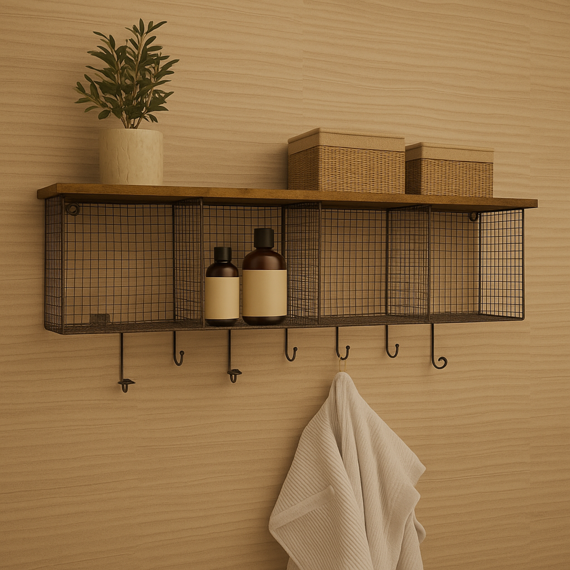 Black Metal Caged 4 Cubby and 7 Hanger Home Wall Hook with Wood Shelf