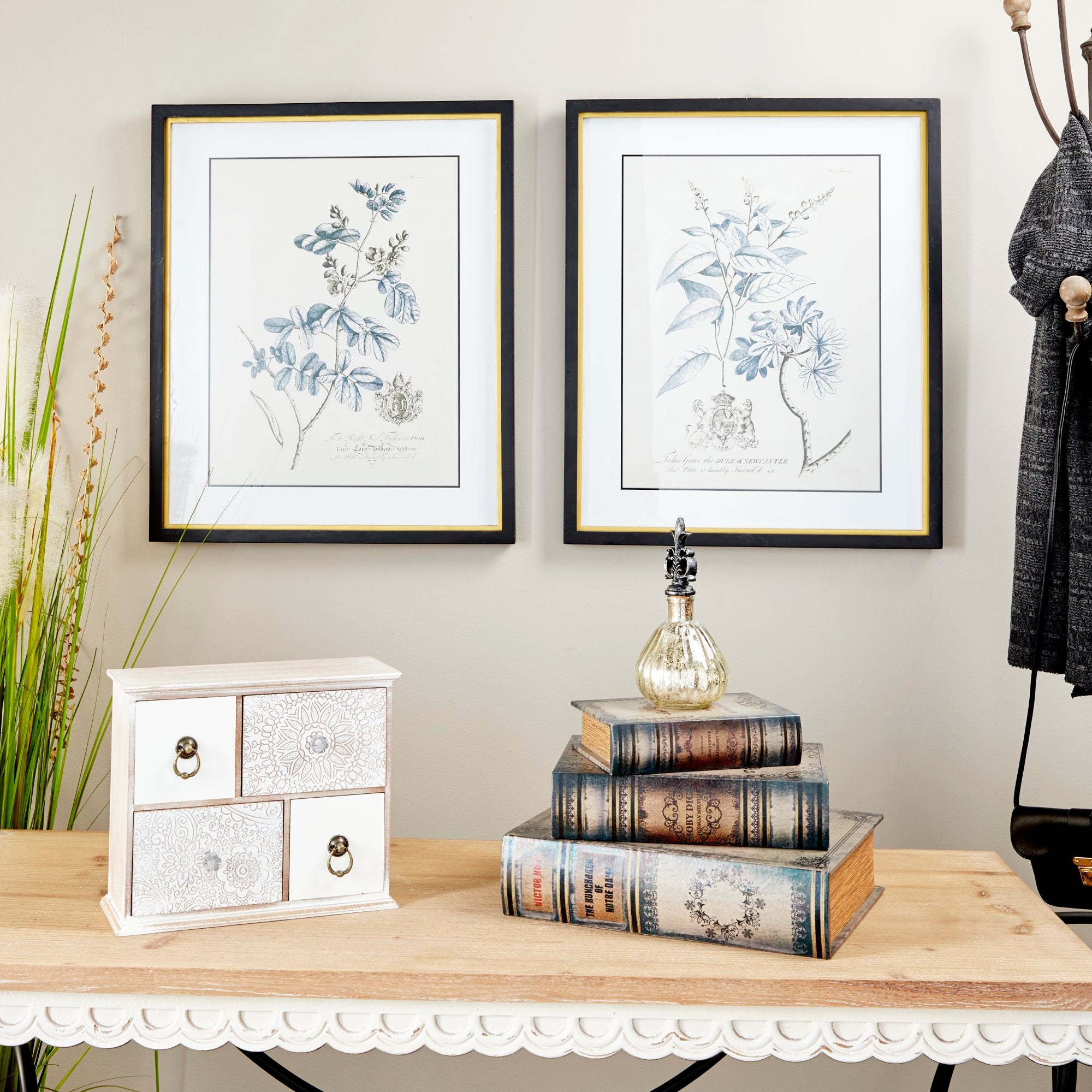 Set of 2 Floral Blue Wood Home Shadow Box with Black and Gold Frame