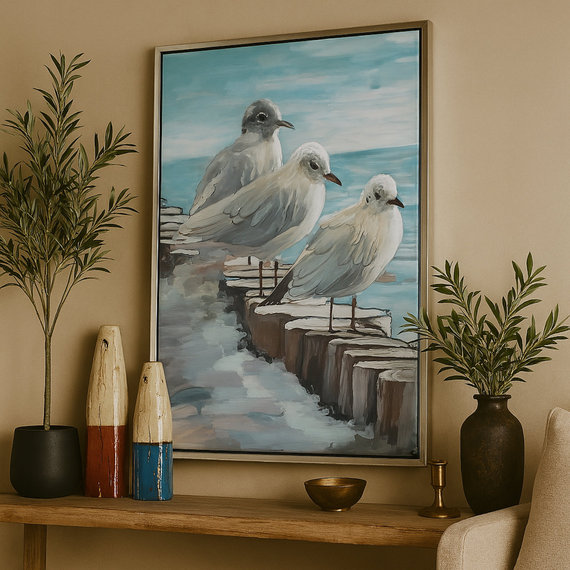 Bird White Canvas Framed Wall Art with Gold Frame