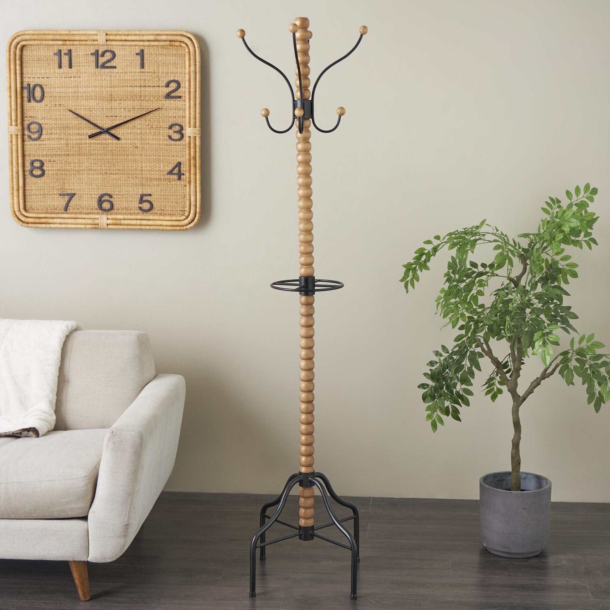 Brown Wood Spindle 8 Hook Freestanding Coat Rack with Black Metal Accents and Beaded Ends