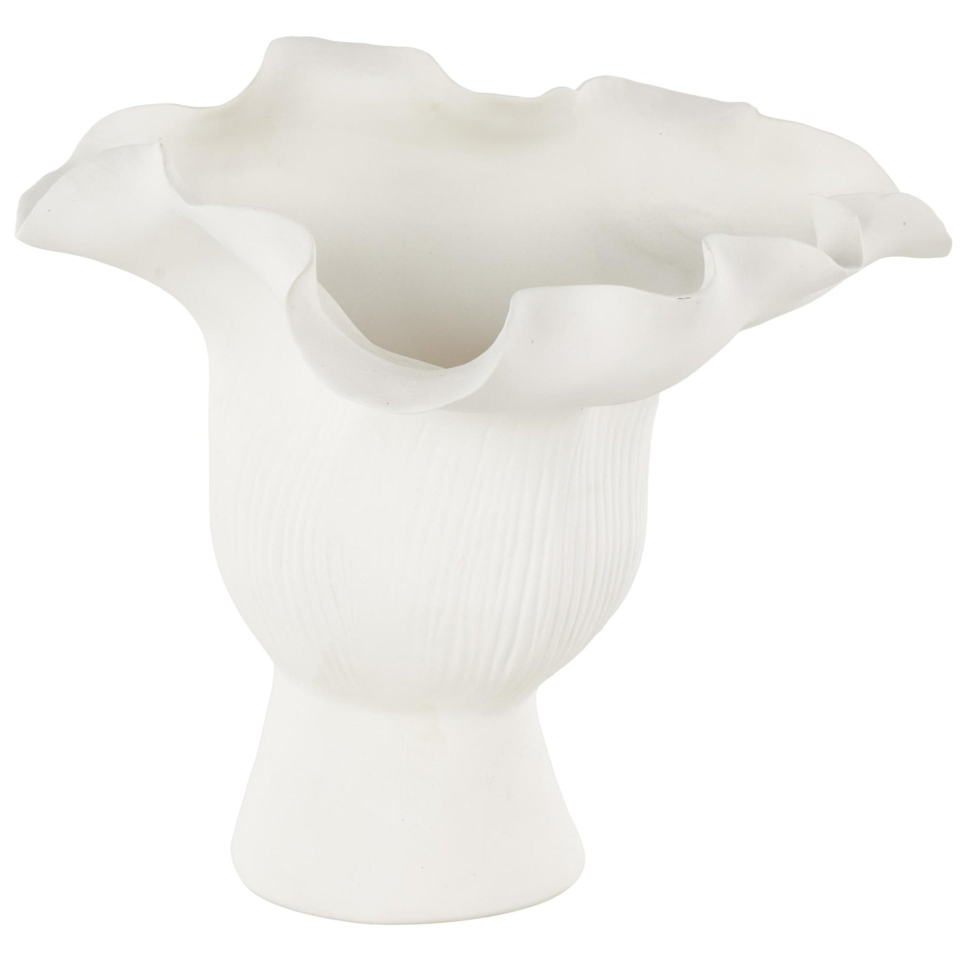 Abstract Ceramic Floral Inspired Decorative Vase with Wavy Folded Rim and Linear Grooves