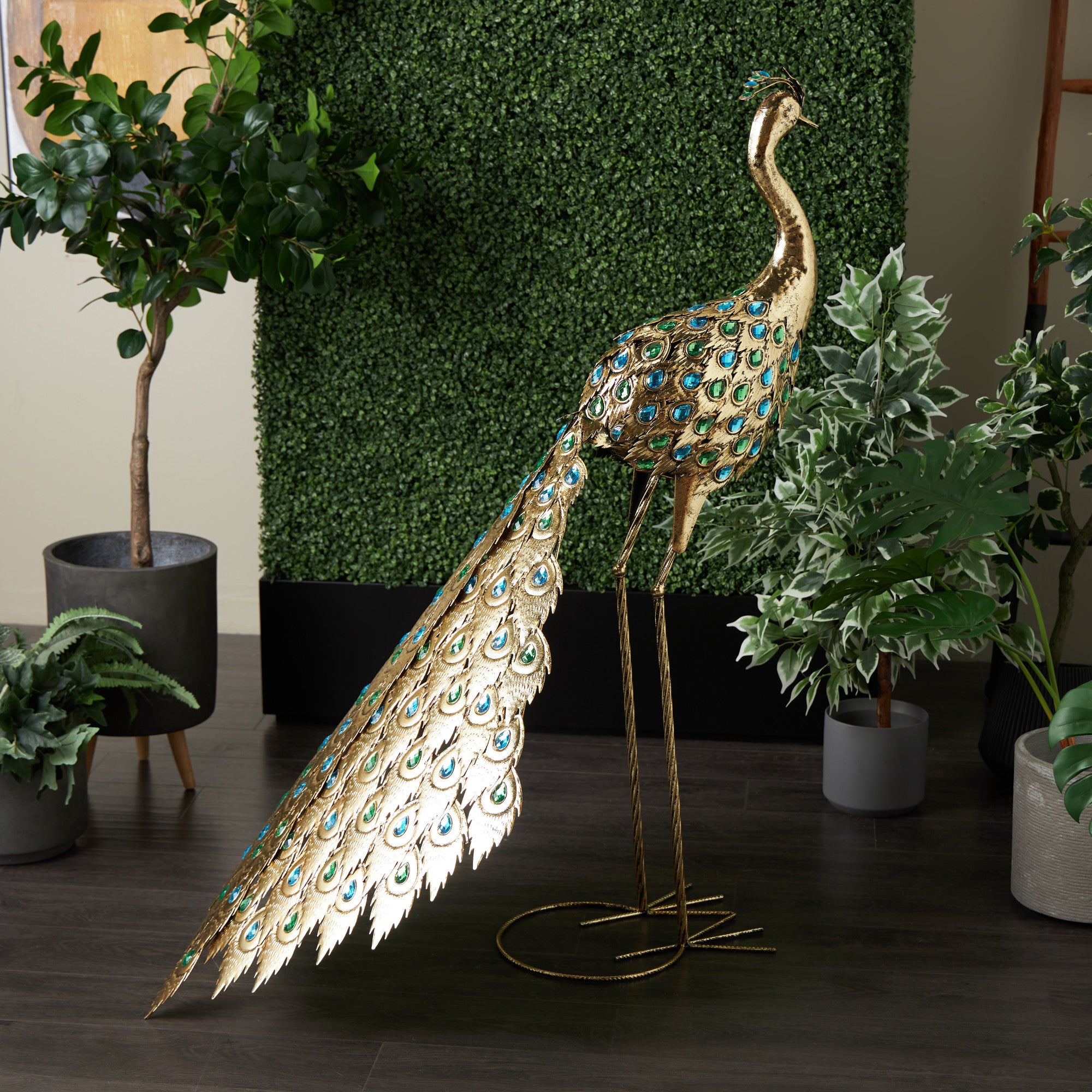 Peacock Brass Metal Decorative Garden Sculpture with Blue and Green Jewels