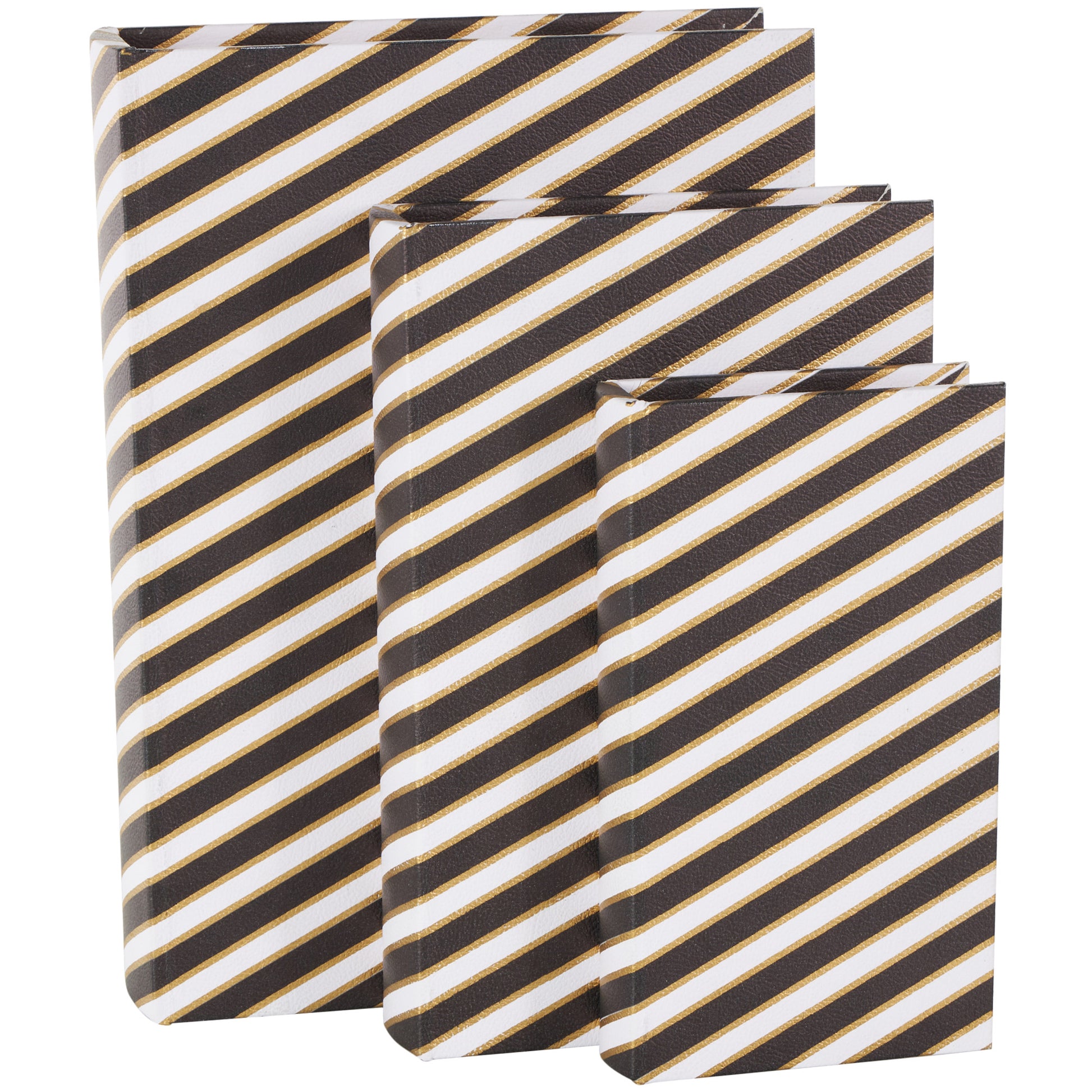 Set of 3 Black Faux Leather Striped Faux Book Storage Decorative Box with White and Metallic Gold Accents