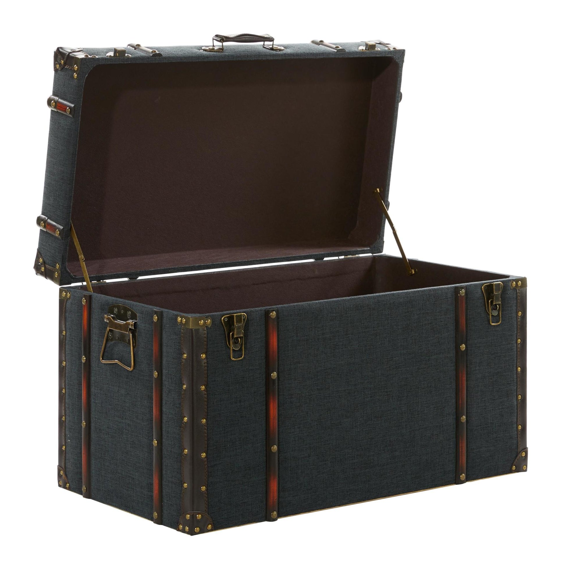 Set of 3 Blue Linen Fabric Nesting Upholstered Decorative Trunk with Buckle Hinged Top